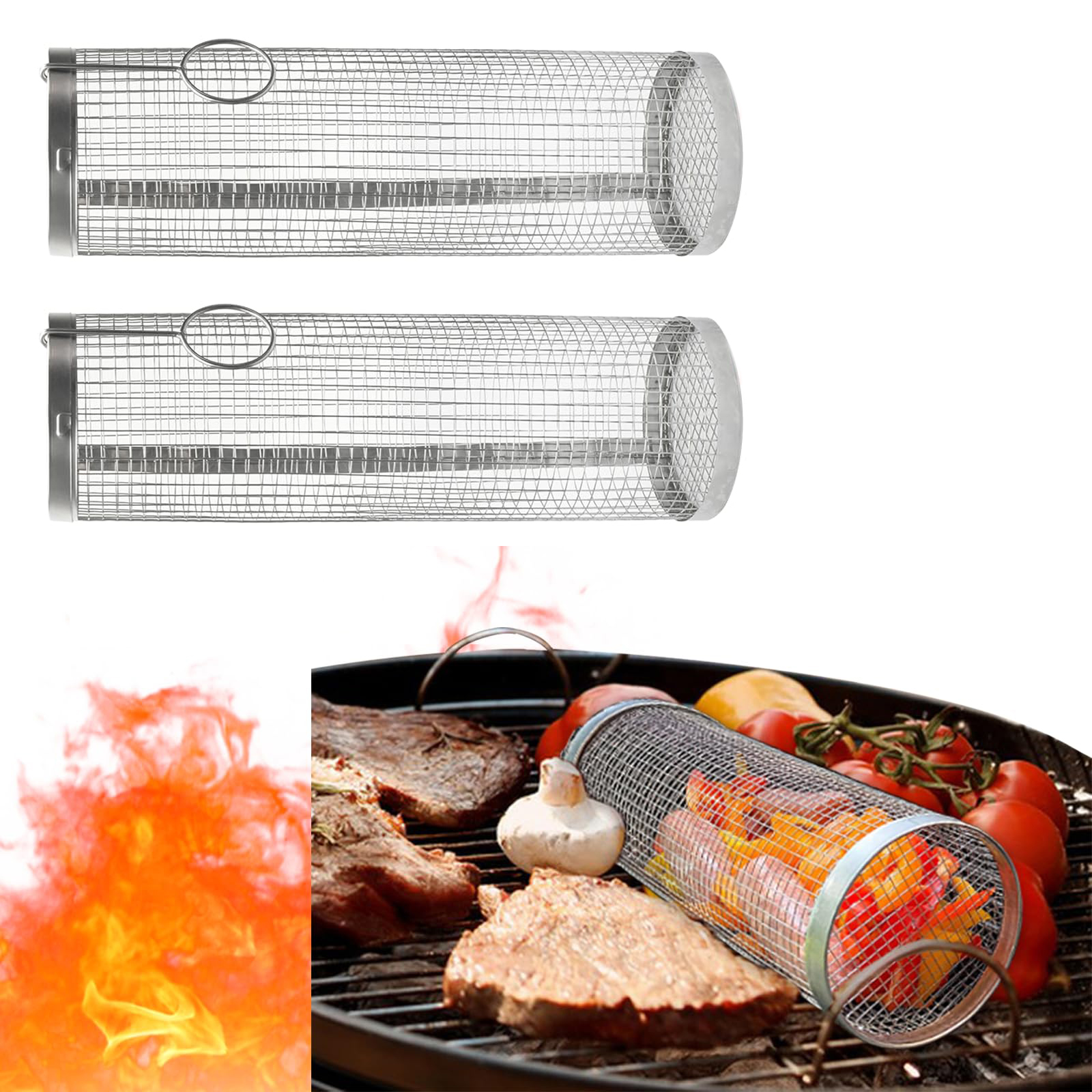 Jormftte Zylindrischer Grillkorb Edelstahl,Grillkorb Zylindrisch Mit Gabeln,Grillkorb Edelstahl,Grillkorb Drehspie? Zum Grillen (30 cm)(Grillk?fig) RLHT-YN-230710-100