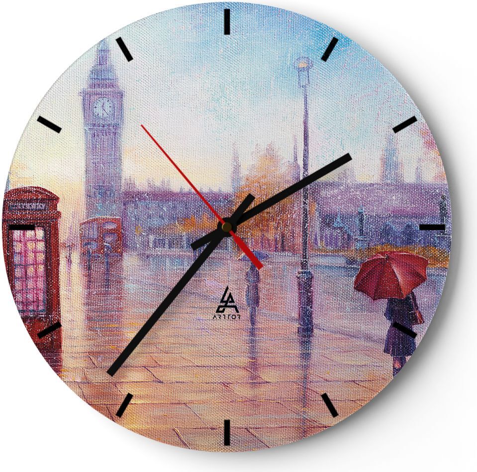 Arttor Wanduhr - Rund - Glasuhr - Groß Ben Regenschirm - 40x40cm - Schleichendes Uhrwerk - Lautlos - zum Aufhängen bereit - Dekoration Modern - Wanddekoration aus Glas - C3AR40x40-4394
