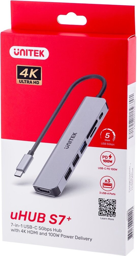 UNITEK HUB USB-C H1118A; USB-A x3, USB-C, HDMI, SD, microSD