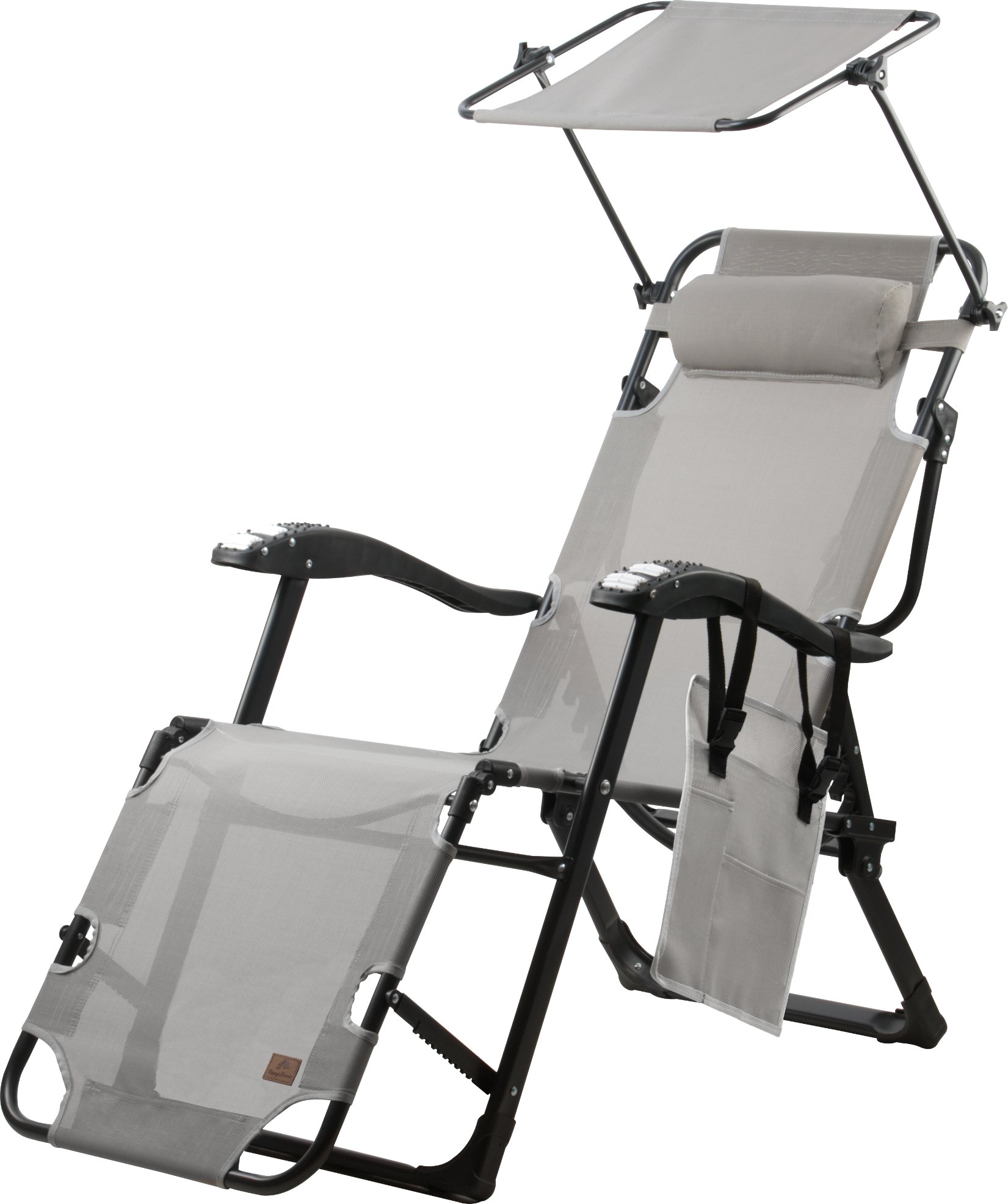 Lehátko CampFeuer so strieškou, sivé, kempingové lehátko s masážnymi valcami na rukách, záhradné lehátko so strieškou