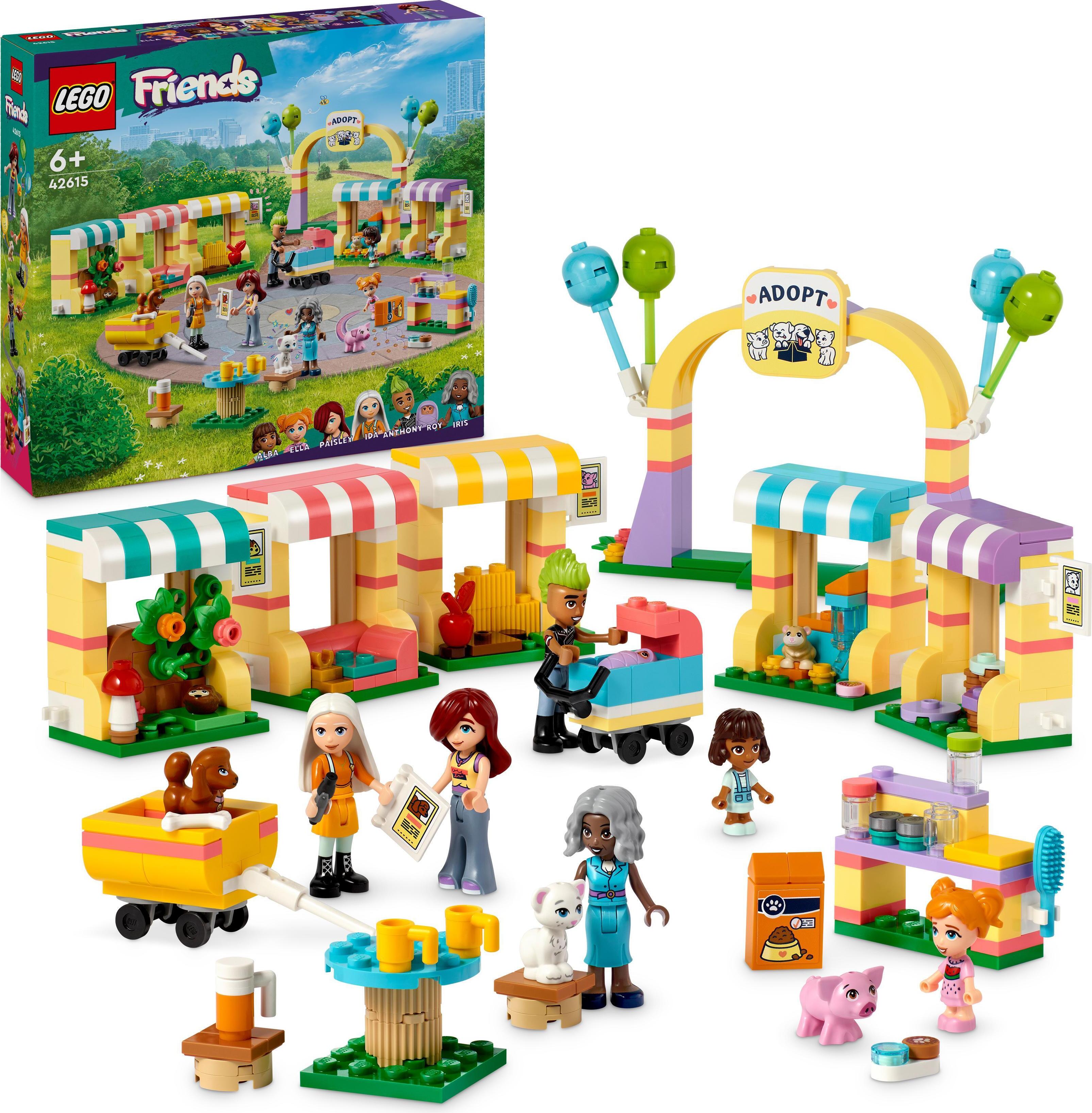 LEGO Friends Tieradoptionstag, Set mit Spielzeug-Tieren für Rollenspiele, lustiges Geschenk für Mädchen und Jungen ab 6 Jahren, Enthält 5 Tierfiguren inkl. Hund und Schwein, 7 Figuren und 1 Baby 42615