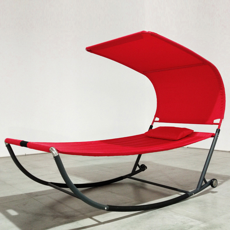 SoBuy OGS44-R Lehátko so slnečnou strieškou a vankúšom Hojdacie lehátko Záhradná posteľ Záhradné lehátko s kolieskami Relaxačné lehátko Červené Nosnosť 200 kg WHT cca: 114x173x227cm