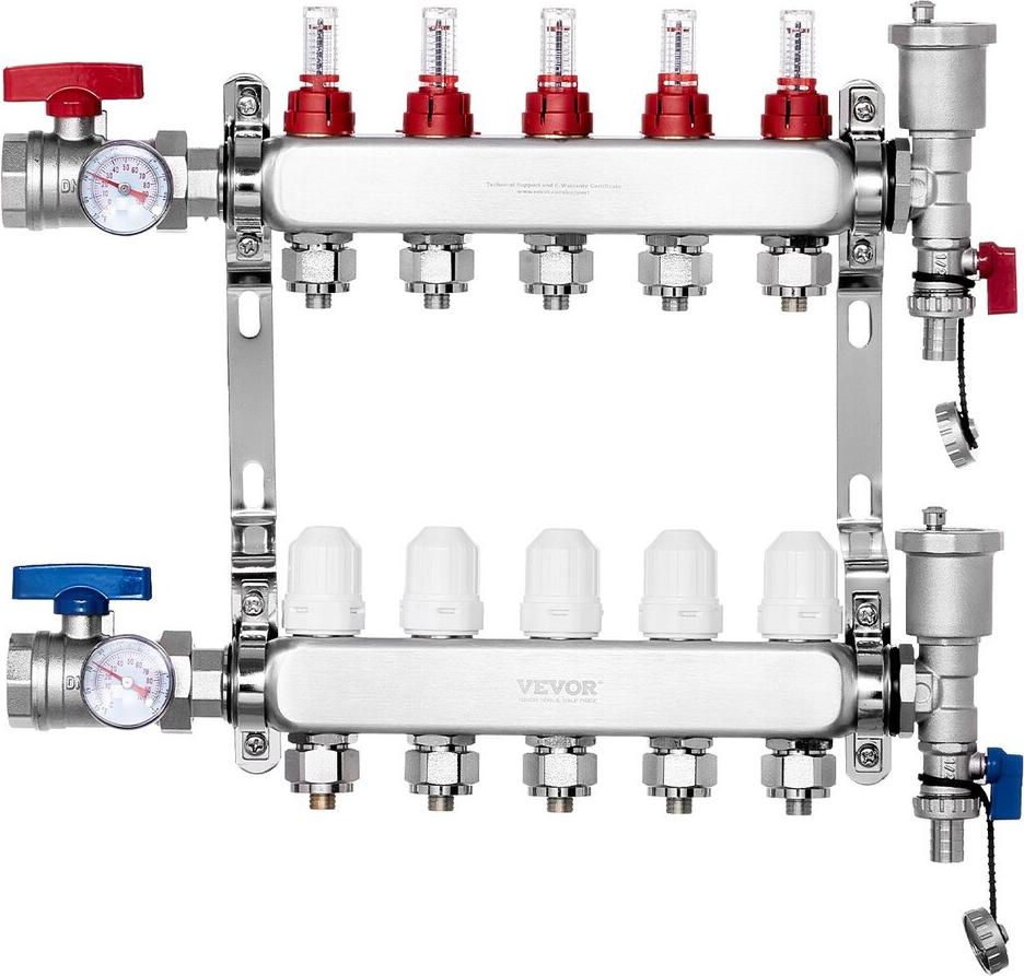 VEVOR 5-fach-Strahlungswärmeverteiler 1/2" PEX-Rohr-Fußbodenheizungsverteiler-Set 7012-25-05-00