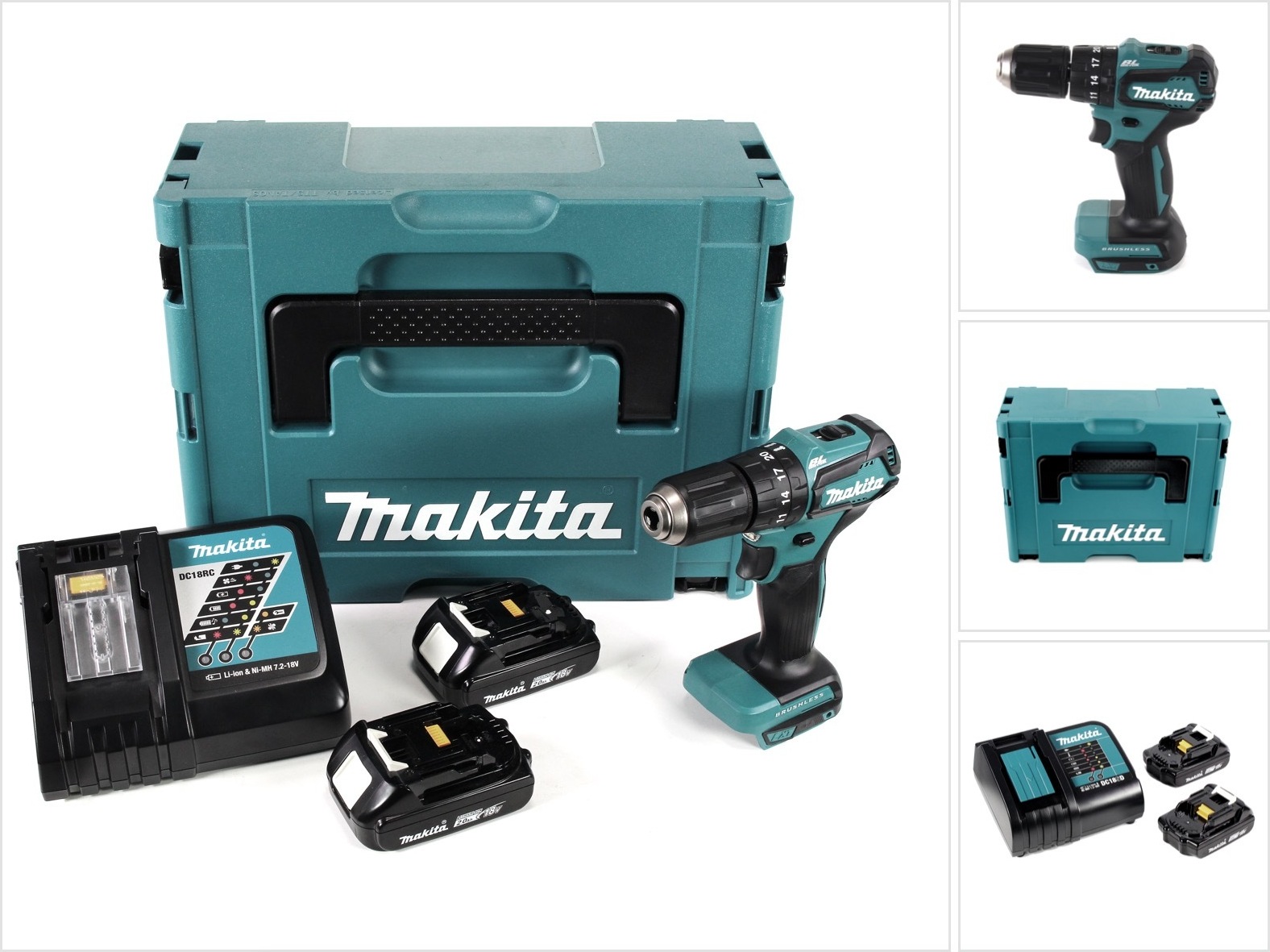 Akumulátorová príklepová vŕtačka Makita DHP 483 RAJ 18 V 40 Nm bez kefiek + 2x akumulátor 2,0 Ah + nabíjačka + Makpac