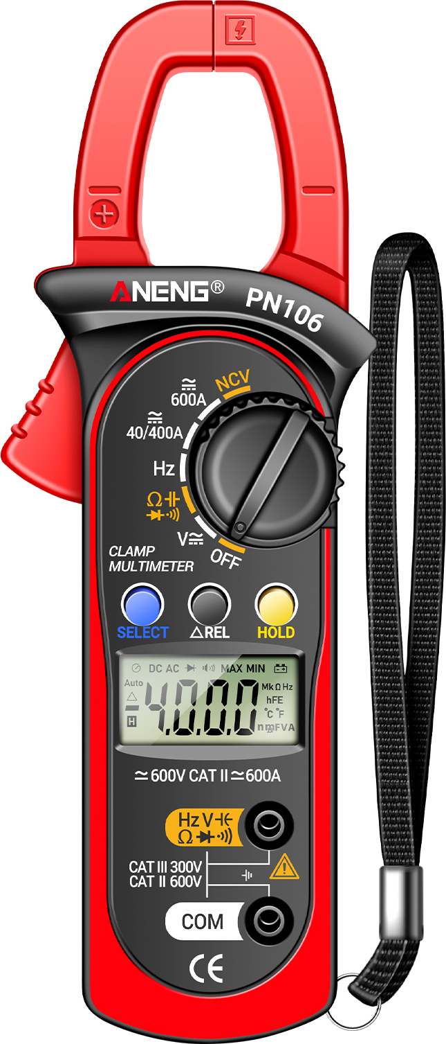 ANENG PN106 Digitálny kliešťový multimeter, 4000 počtov, automatický rozsah multimetra s indukciou napätia NCV, prenosný ručný multimeter, LCD displej, meranie AC/DC napätia, AC/DC prúdu, odporu, kapacity, frekvencie, diódy