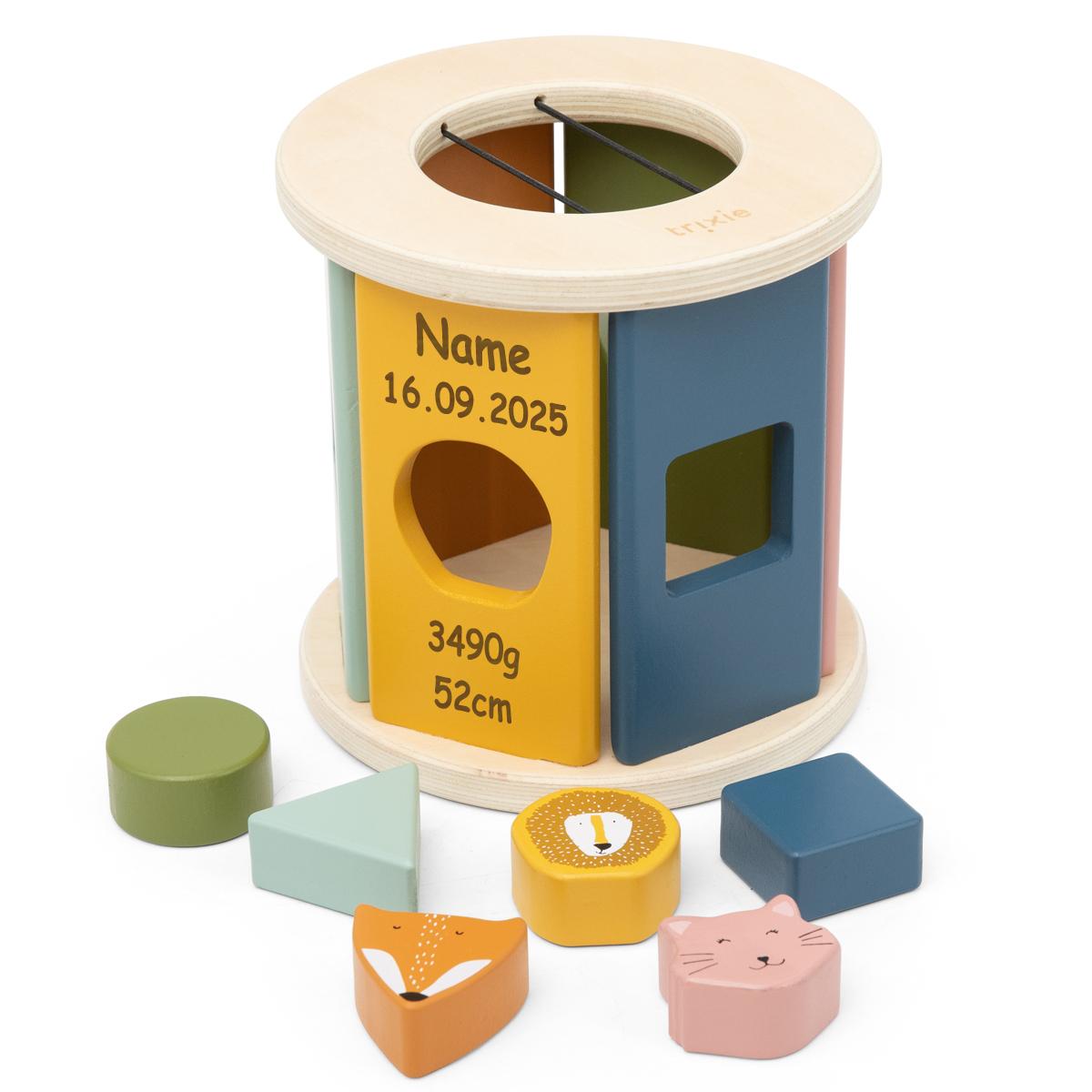 Elefantasie Holz Sortierspiel Rolle personalisiert, Trixie Steckspiel mit Tiergesichtern und geometrischen Formen, Lernspielzeug für Babys