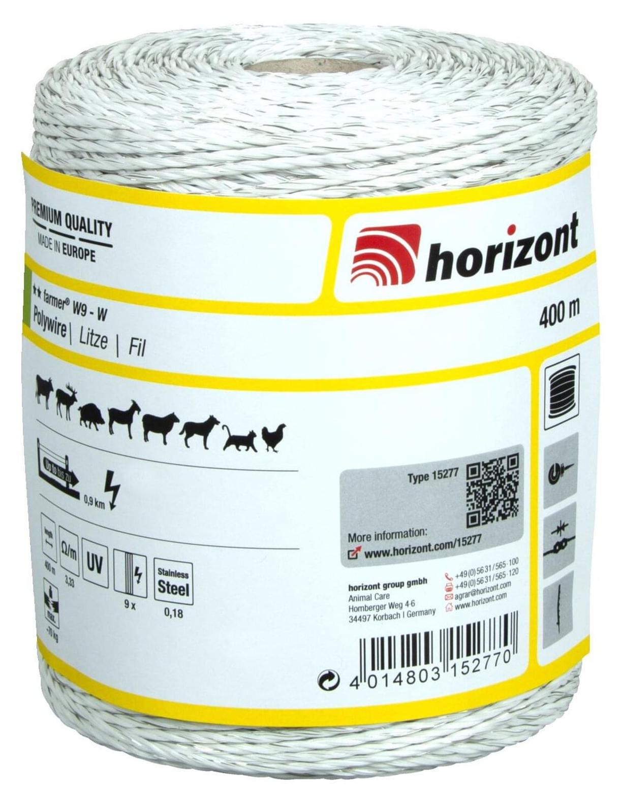 horizont Weidezaunlitze farmer® W9-W | 400 m | 9 Leiter Ø 0,18 mm farmer® - Unsere Allrounder-Serie der Weidehaltung. Das Leitermaterial eignet sich optimal für ruhige Weidetiere, die unter normalen Einsatzbedingungen gehalten werden. 15277