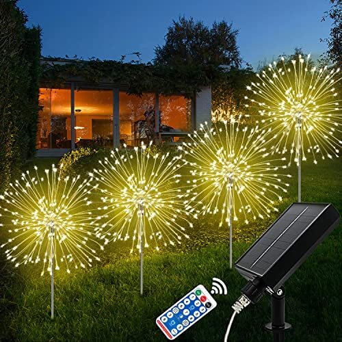 Liyade Solarleuchten im Freien im Freien, Pack 4, 120 LED -Leuchten, Feuerwerkskörper, 8 Modi, Fernbedienung, Löwenzahn, Freien, Balkon, Wege, Rasendekoratio