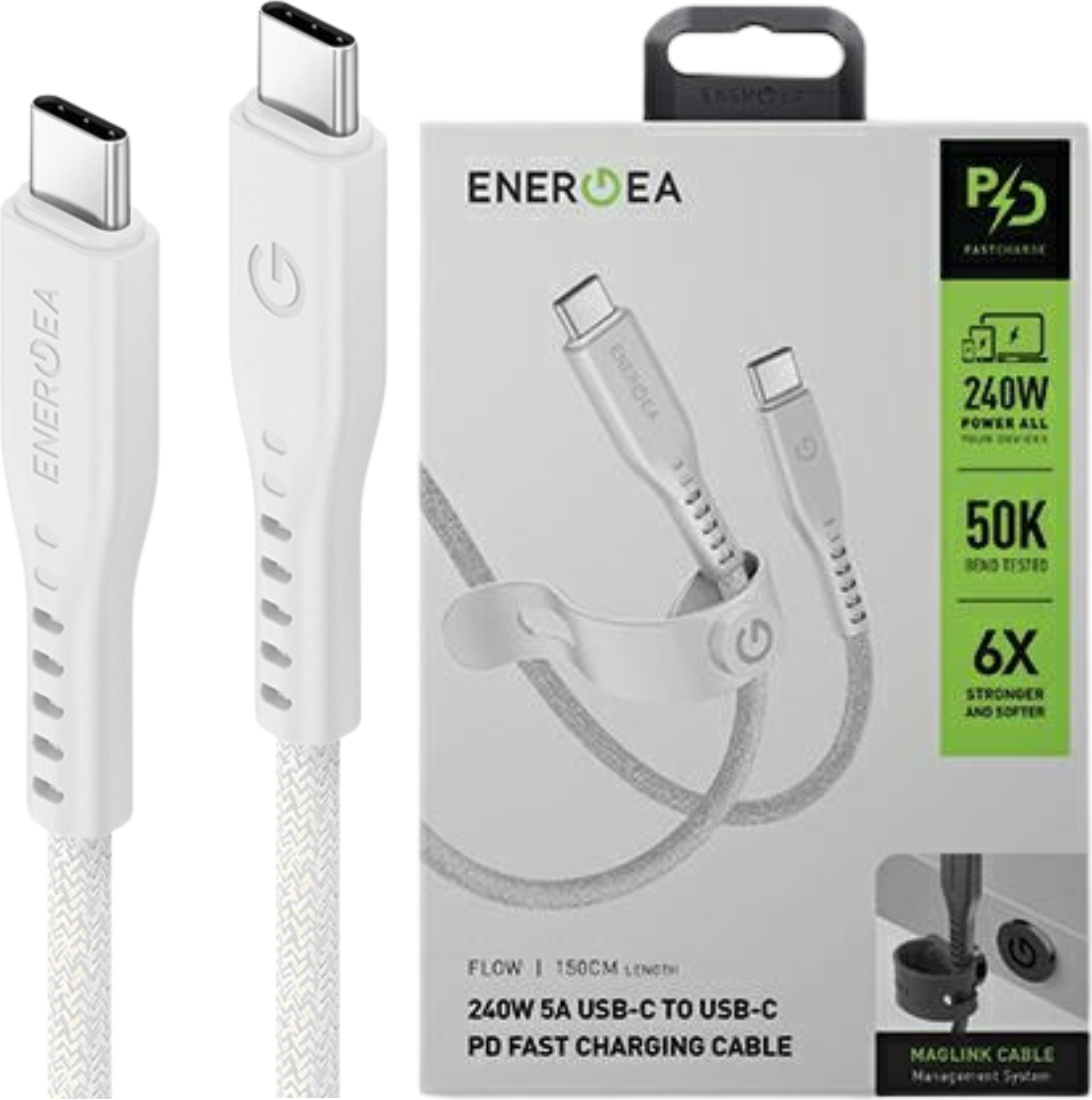 Energea Flow Usb-C - Usb-C Kábel 1,5M Biely/Biely 240W 5A Pd Fast Charge