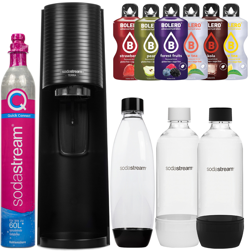 Výrobník perlivej vody SodaStream Terra Black jedna čierna 1 l fľaša + biela 1 l a čierna 1 l fľaša + Bolero