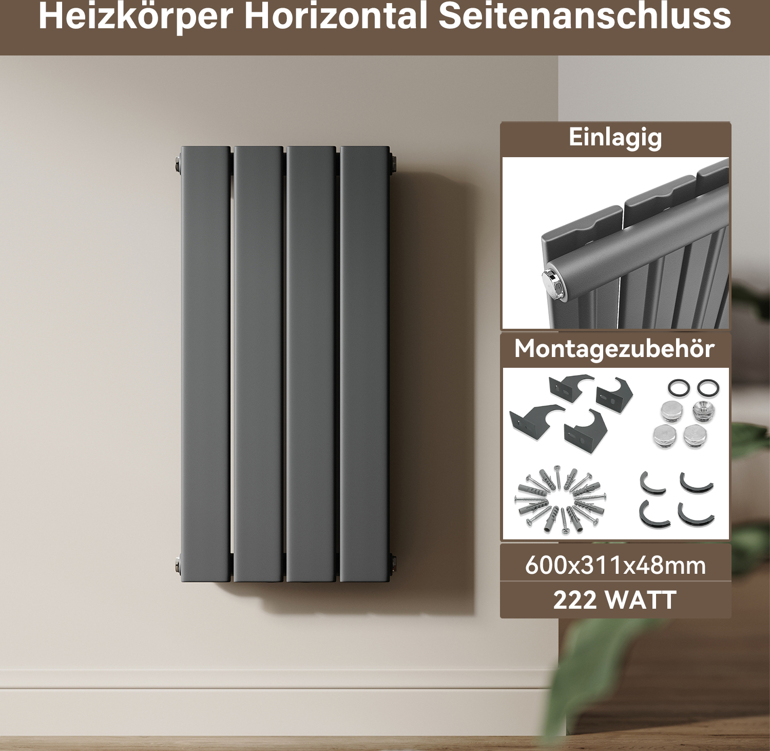 SONNI panelový radiátor 600 × 311 mm jednovrstvový antracitový vertikálny radiátor