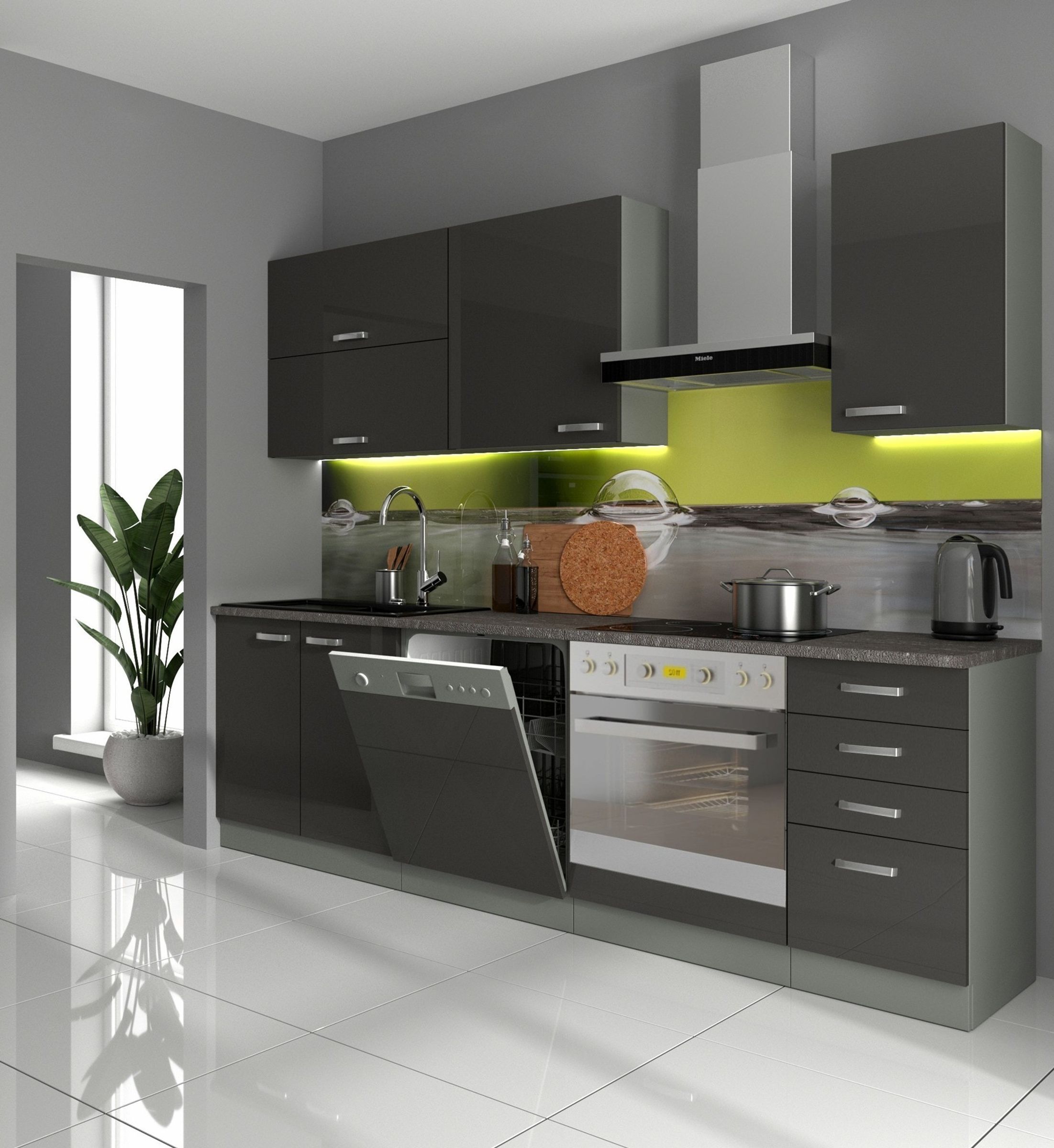 Küchenpreis-Bombe Küche Bianca Basic II 240 Küchenzeile Glanz Grau Küchenblock Einbauküche Grey