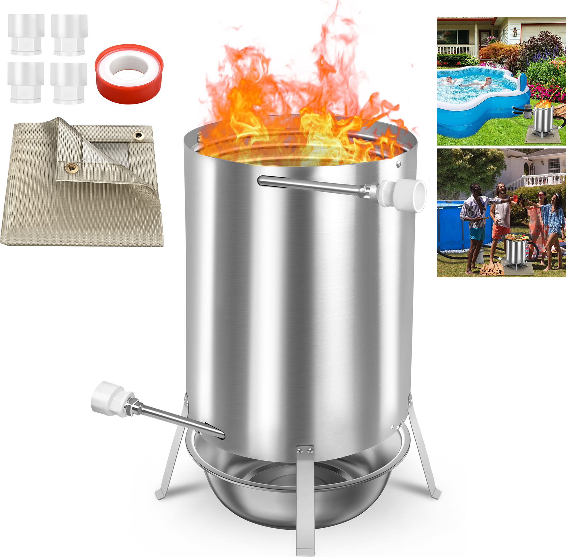 LZQ Poolheizung Feuertonne für Schwimmbäder Edelstahl Brennholz Pool Heizung 28 Liter Schwimmbadheizung Poolofen mit Ø36-38mm Anschlüsse