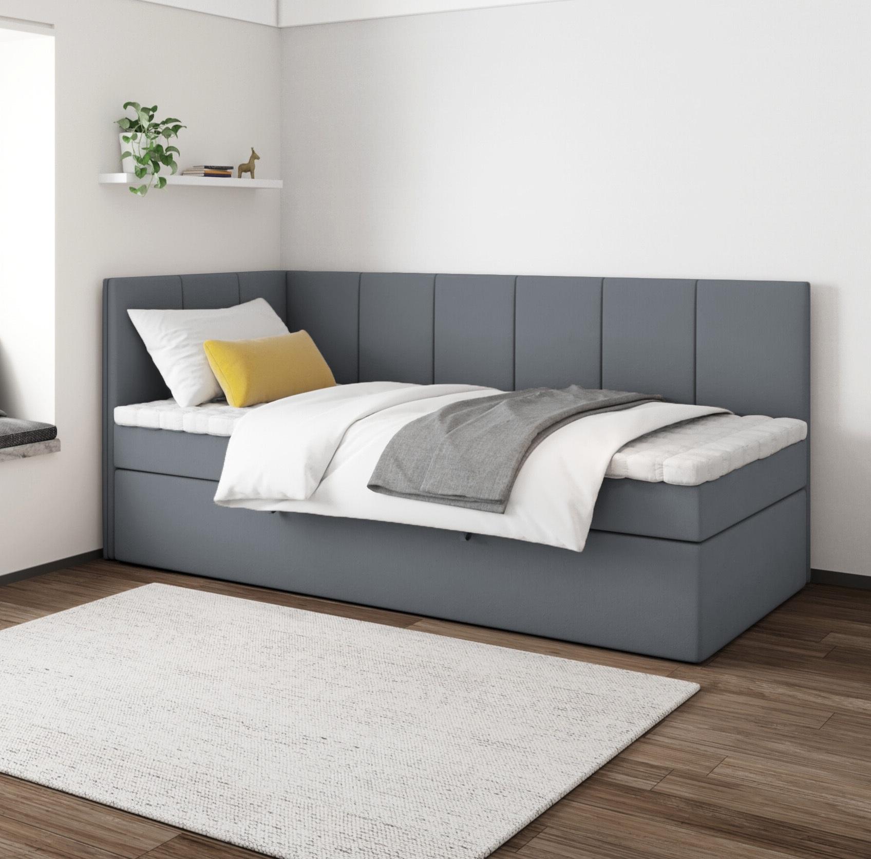 Boxspringbett POLA 90x200 cm, T25 Topper, Kinderbett, Jugendbett, Einzelbetten, Bett, Stauraum Polsterbett, Matratze H3, LINKS (Dunkelgrau- Itaka 14)