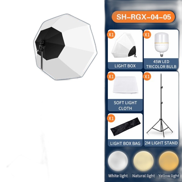 Prenosná sada oktagonálneho softboxu - 70W LED svetlo, zábleskový dáždnik a 2M statív, SH-RGX-04-05