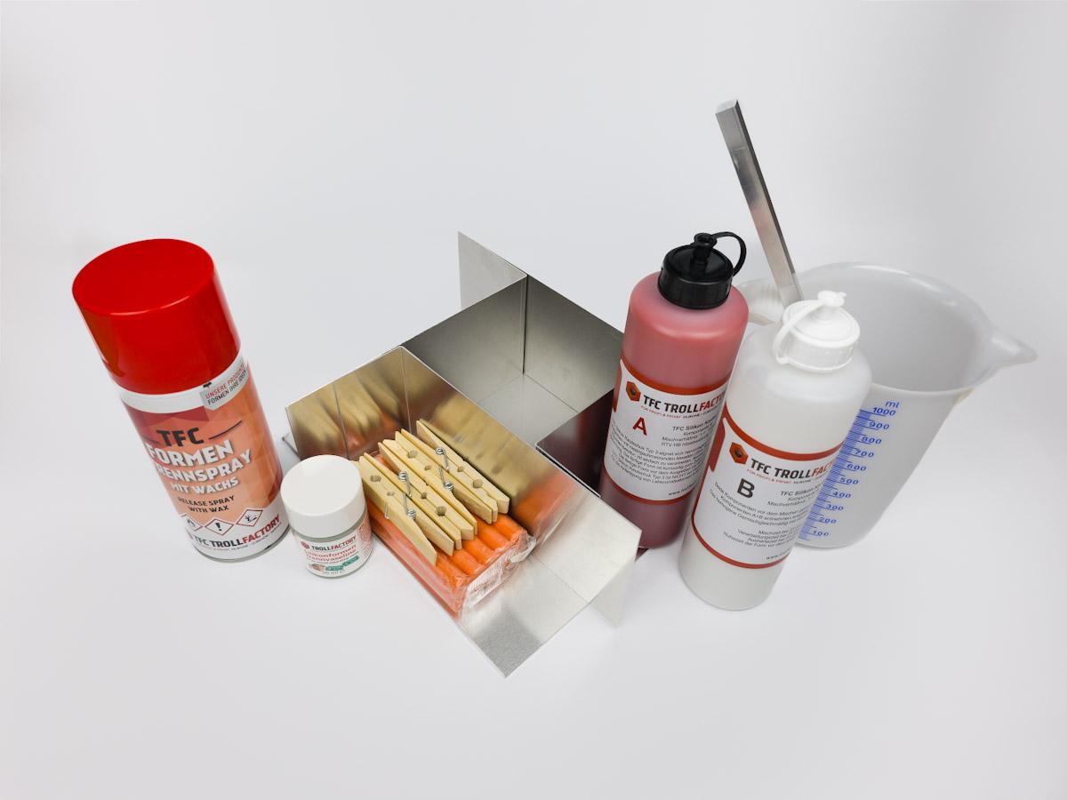 ZGG Formbau-Set Silikonkautschuk groß, mit Formbaukasten 10 cm Höhe, 1 kg Silikonkautschuk, Plasteline, Trennmittel und Mischwerkzeuge Form-Set-SilKaut-g