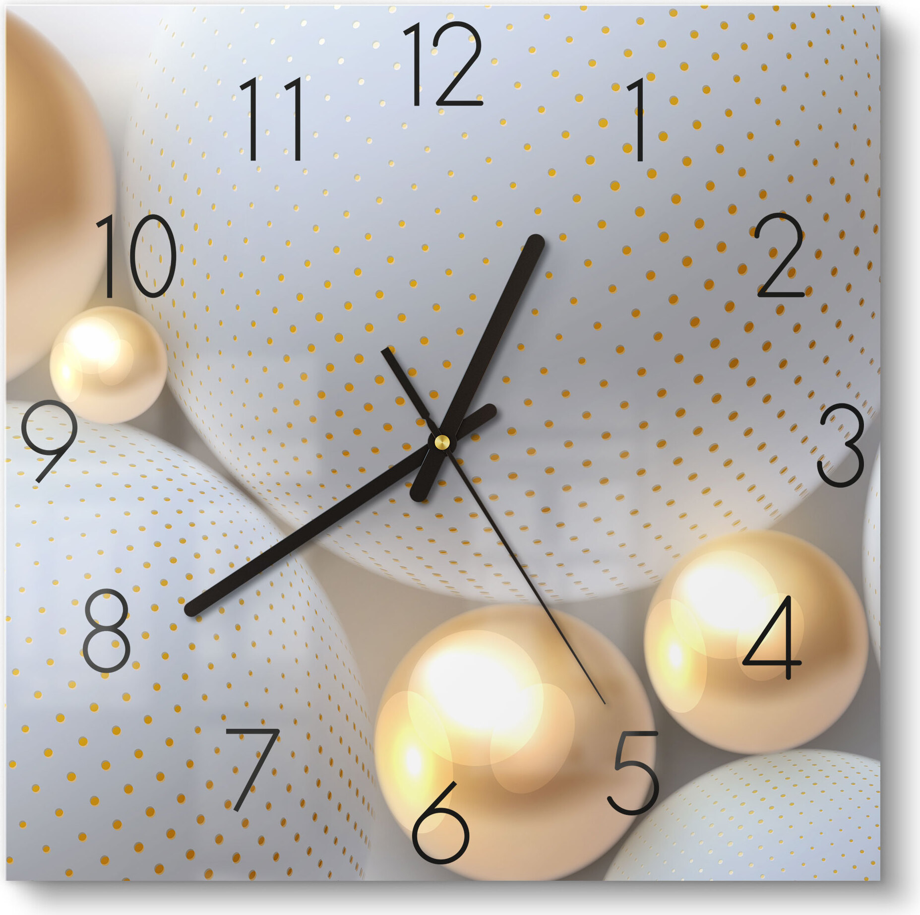 DEQORI Glasuhr 30x30 cm Zahlen 'Angeordnete Kugeln' Wanduhr Glas Uhr Design leise WC-30-30-N-1667