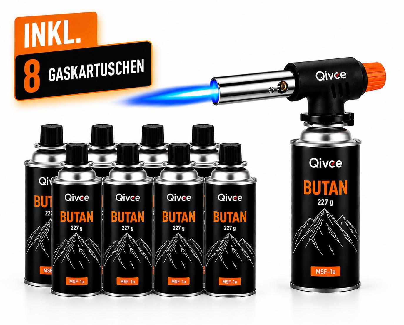Qivee Gasbrenner Bunsenbrenner Lötlampe Lötbrenner Gasanzünder + 4 Gaskartuschen 227g Brenner inkl. 8x Gas