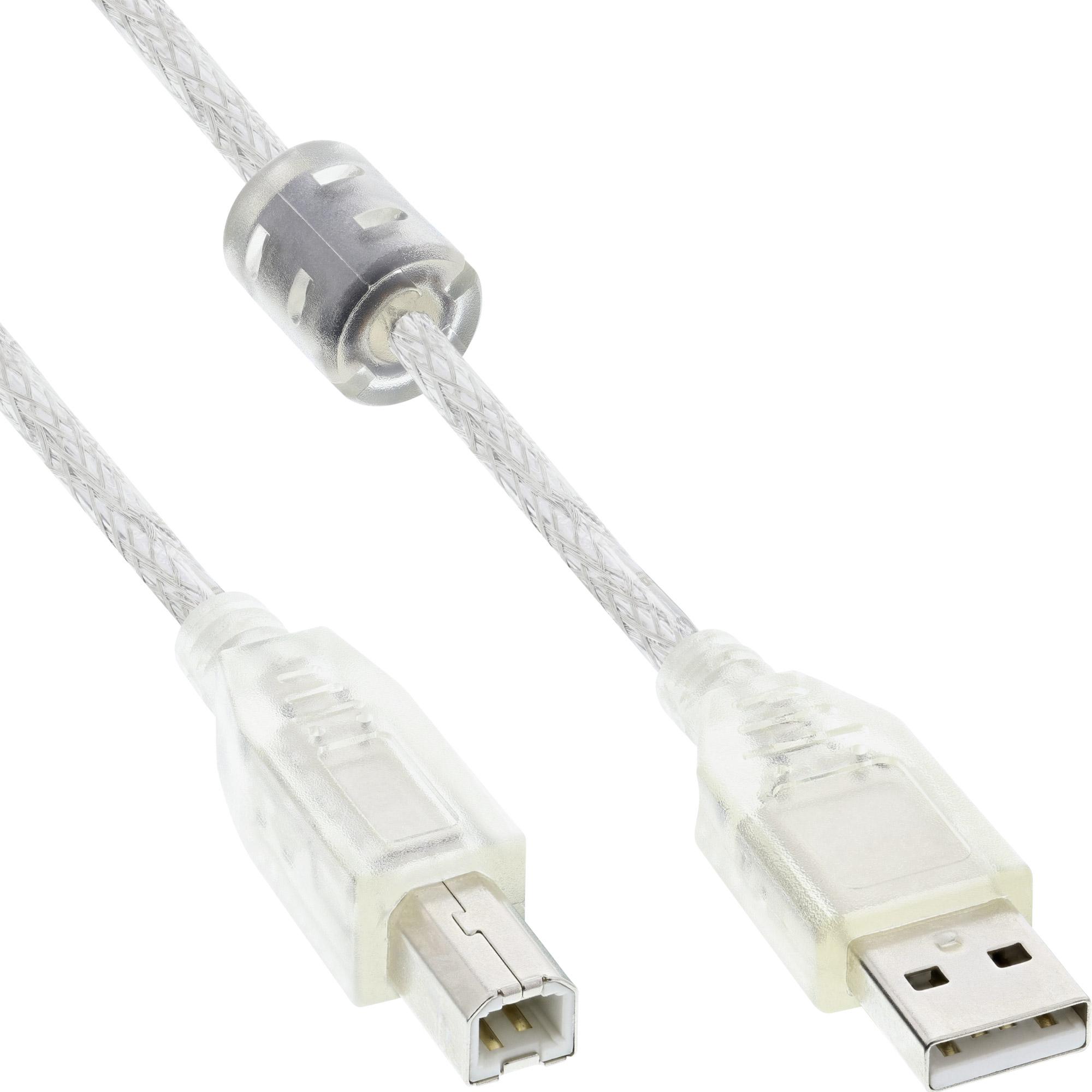 InLine USB 2.0 Kabel, A an B, transparent, mit Ferritkern, 0,3m, 0,3 m, USB A, USB B, USB 2.0, Transparent 34503