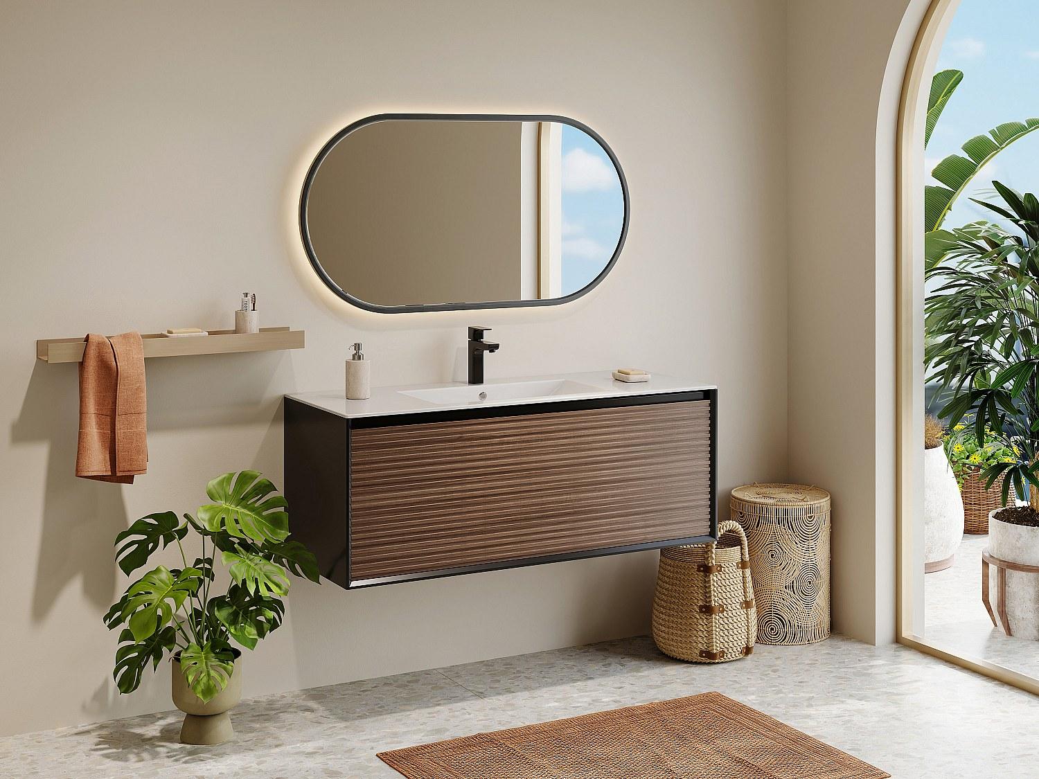 Vente-unique Rillenförmiger Wandwaschtisch - Natur dunkel und schwarz - 120 cm - BANIVA