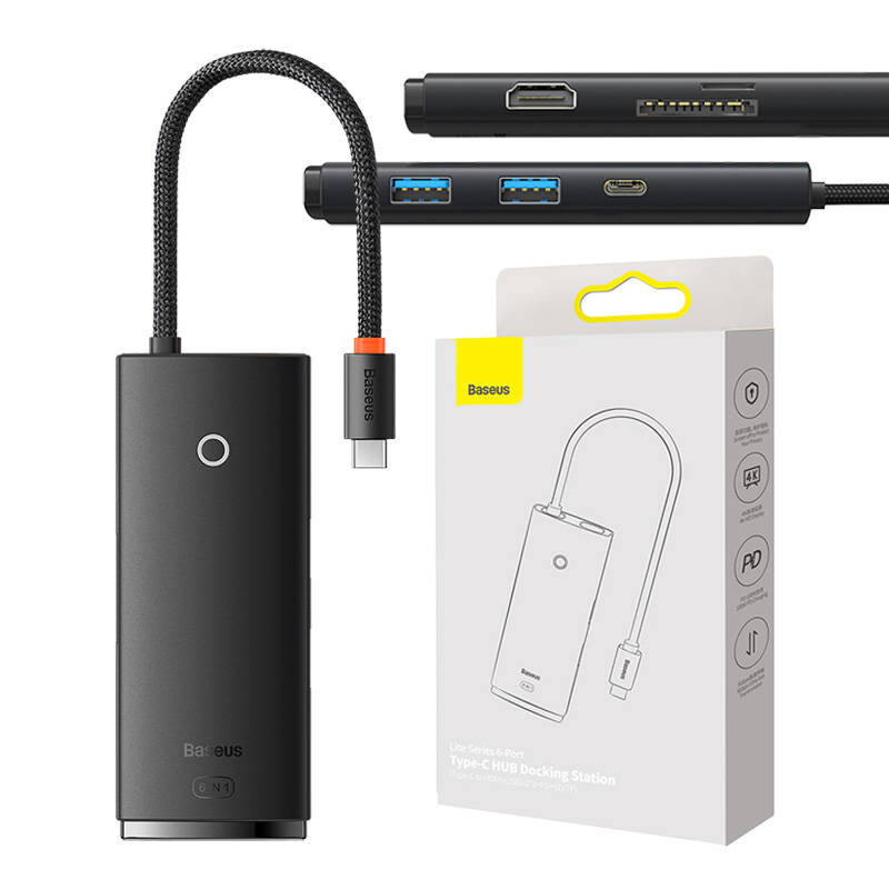 Baseus OS Lite Hub, Type-C na HDMI + USB3.0 *2 + PD + SD/TF, čierny