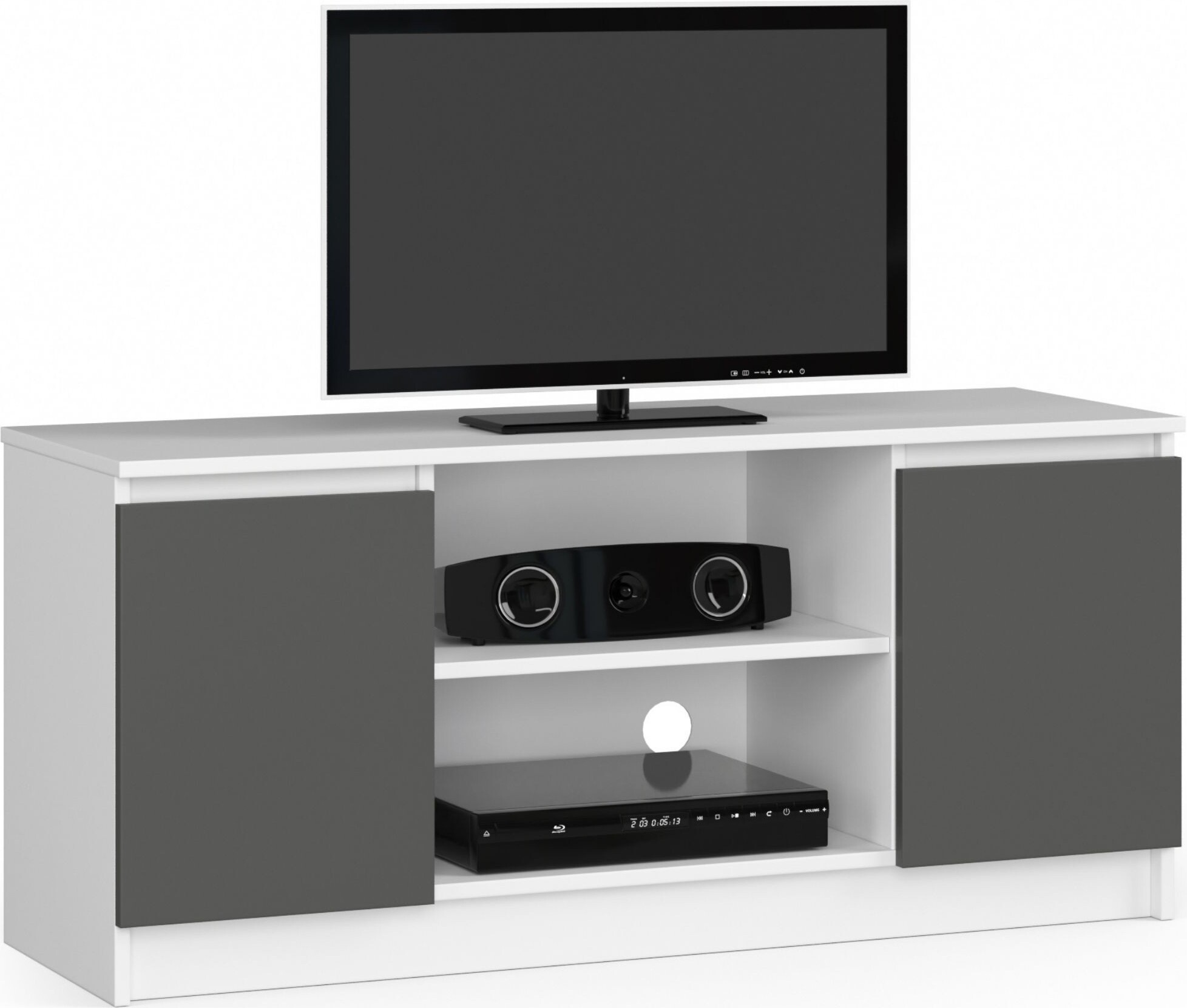 TV Schrank AKORD Weiß 2 Türen 2 Ebenen Front Graphitgrau B120 x H55 x T40 cm OP0LRTV120BIASZA