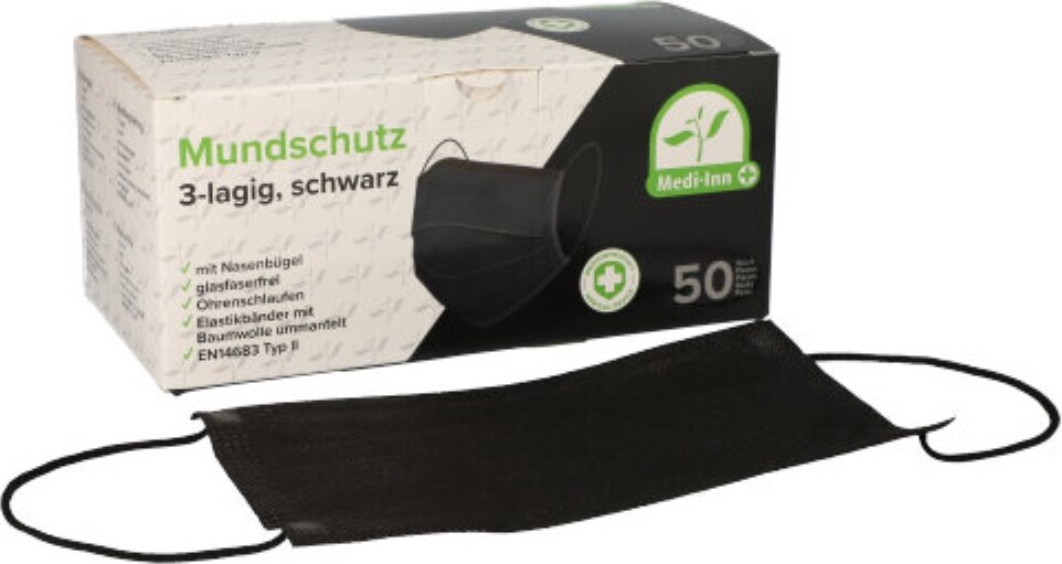 Produktbild von Medi-Inn+ Mundschutz Typ II – 3-lagig, Blau, Mit Elastikbändern & Nasenbügel, 50 Stück, Latex- & Glasfaserfrei