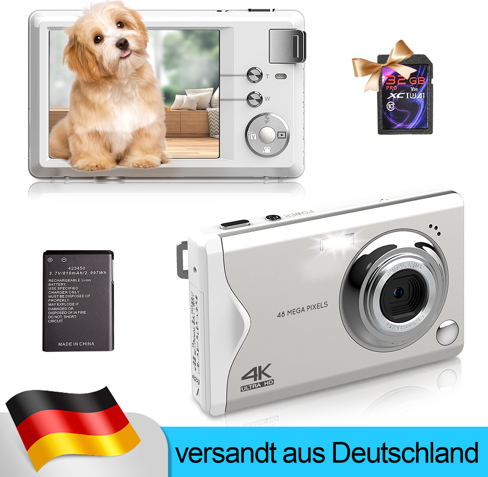 OKA gute Qualität Digitalkamera, 48MP 1080P FHD Fotokamera mit 3,0 Zoll Bildschirm, 16X Digitalzoom Tragbar Kompaktkamera mit 32GB TF-Karte, USB-Kabel, Weiß