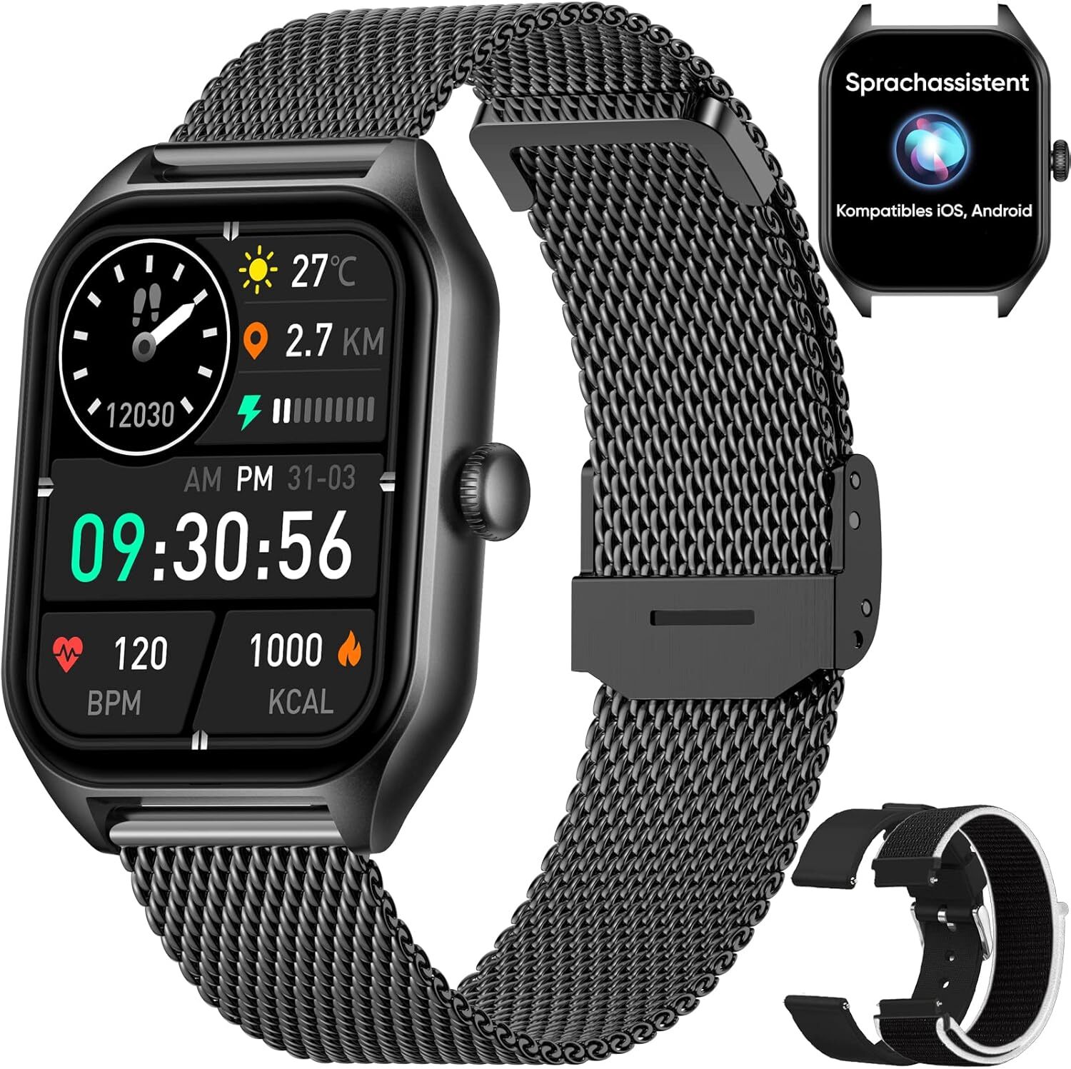 Dachma Damen Smartwatch Telefonfunktion Android mit WhatsApp-Funktion 1,85 Zoll mit Telefonfunktion für Android IOS