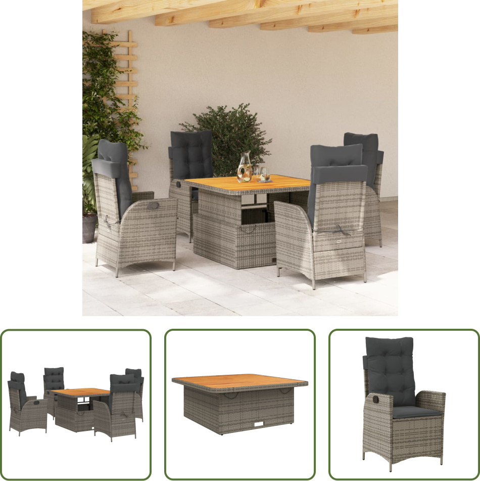 The Living Store 5-dielny záhradný jedálenský set s vankúšmi sivý polyratan