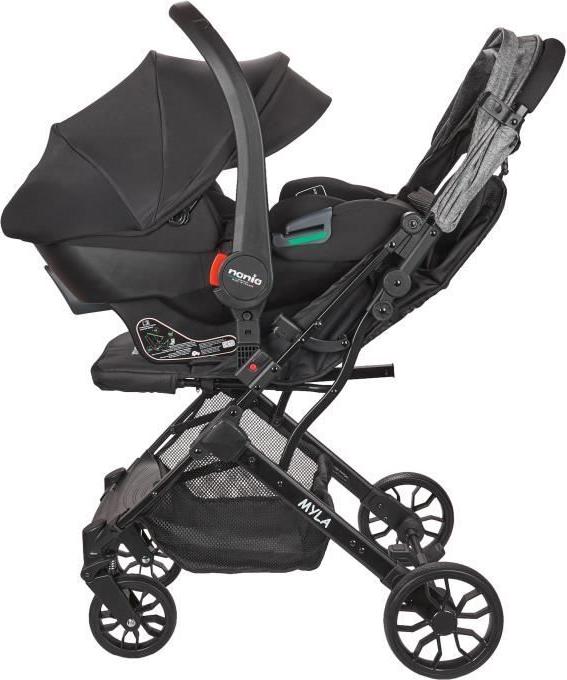 Kombikinderwagen NANIA Myla mit Rimini Autositz Gruppe 0+, 2-in-1, Ab Geburt bis 22 kg, Einhand-Faltmechanismus, Schwarz NAN3760425910137