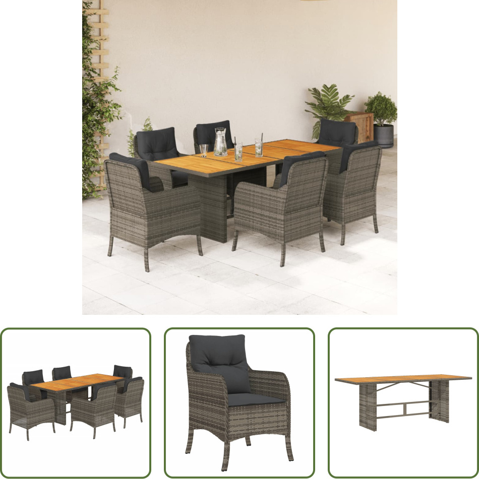 The Living Store 7-dielny záhradný jedálenský set s vankúšmi sivý polyratan