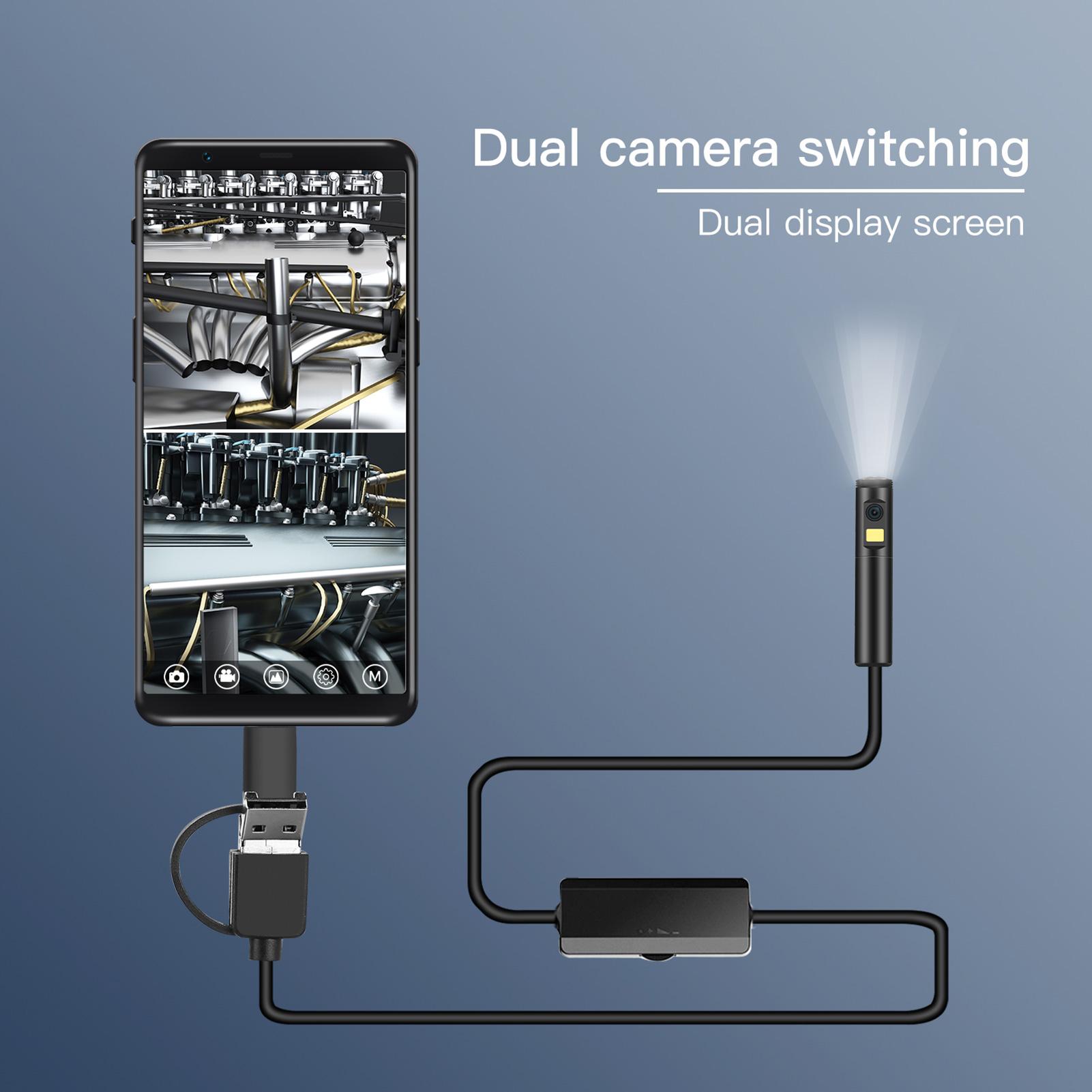 Priemyselná endoskopická inšpekčná kamera 3 v 1 Výmena rozhrania pre port typu C/ Android/ USB Zabudované 9 stmievateľných LED diód s nastaviteľným jasom 5,5 mm objektív 1960 * 1080 Rozlíšenie IP68 Odolnosť voči vode (2 m pevný vodič)