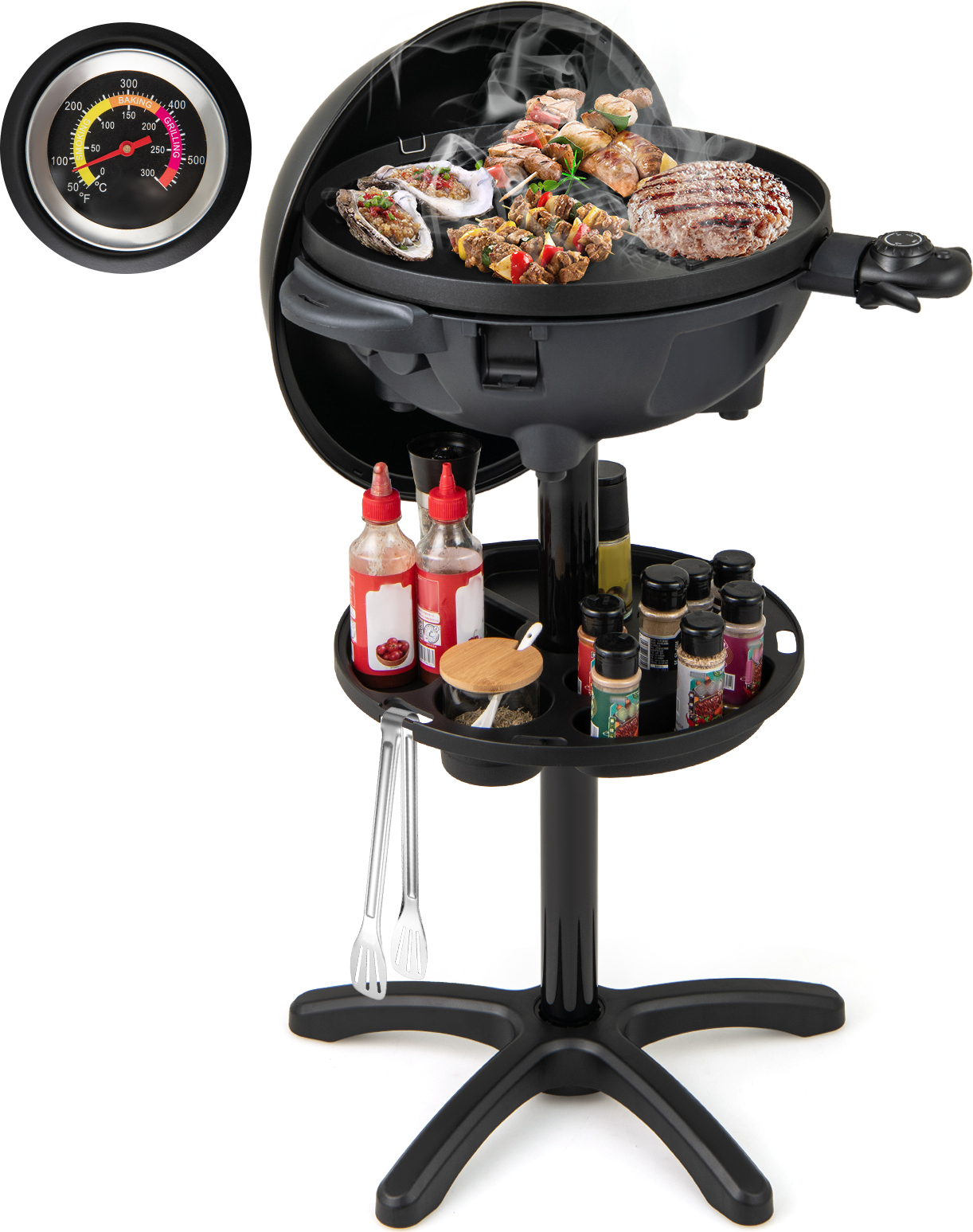 COSTWAY 2v1 stolný gril a stojanový gril, elektrický gril 1200 W s 2-zónovou grilovacou platňou, odkladacou plochou na koreniny a podstavcom, 180 °C – 270 °C, nepriľnavý povrch
