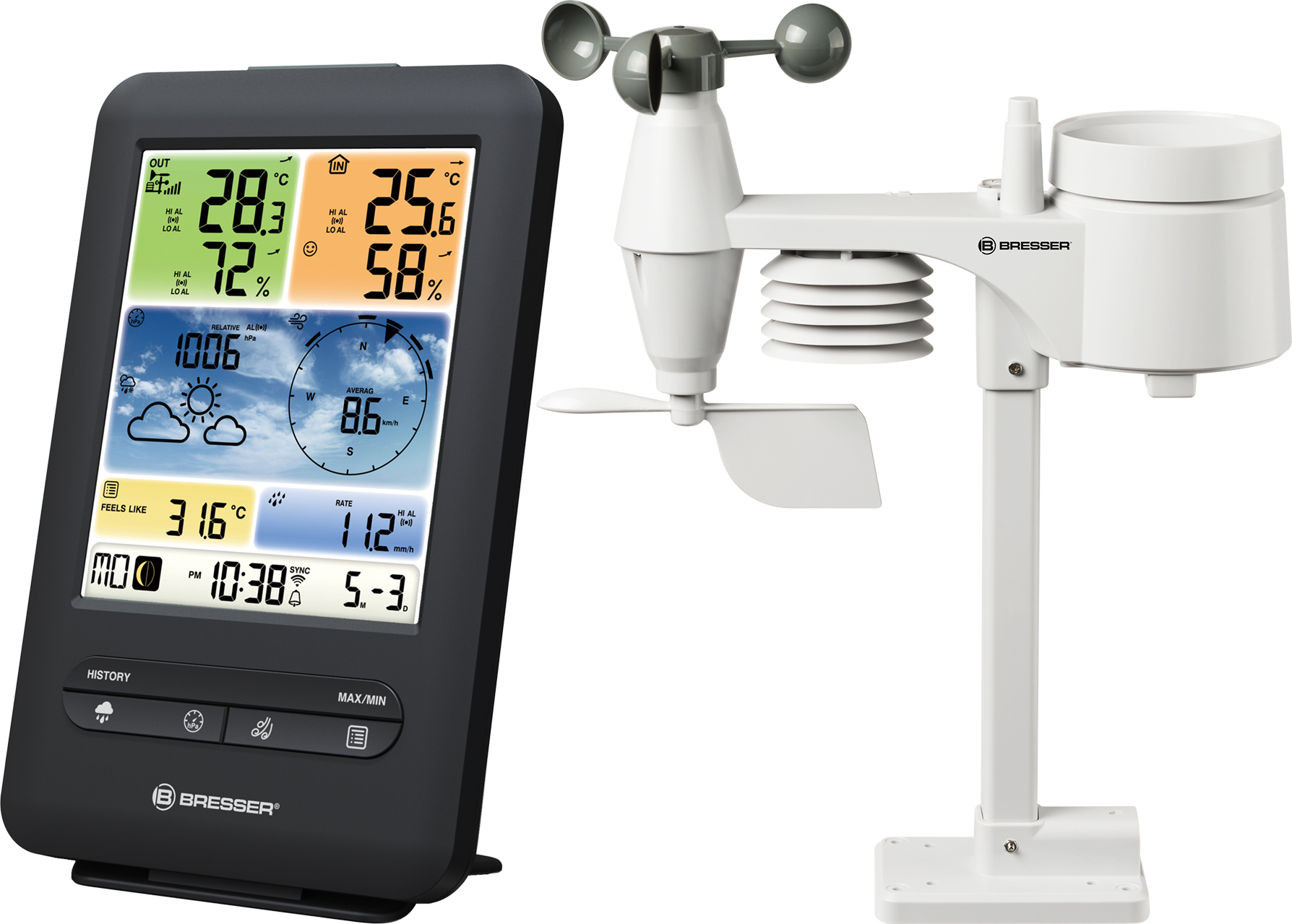 Bresser Optics 7002585, Schwarz, Innen-Luftdruck, Innen-Hygrometer, Innen-Thermometer, Außen-Barometer, Außen-Hygrometer,..., Barometer, Hygrometer, Thermometer, Hygrometer, Thermometer, Kunststoff, 180 km/h