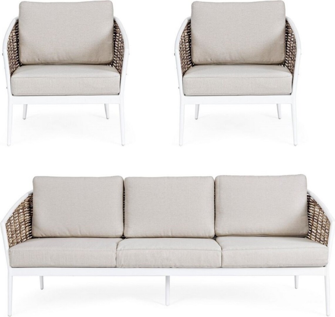 Casa Padrino Luxus Gartenmöbel Set Grau / Weiß / Braun - 1 Luxus Gartensofa & 2 Luxus Gartensessel - Garten Möbel - Terrassen Möbel - Hotel Möbel - Pool Möbel - Outdoor Möbel - Luxus Möbel