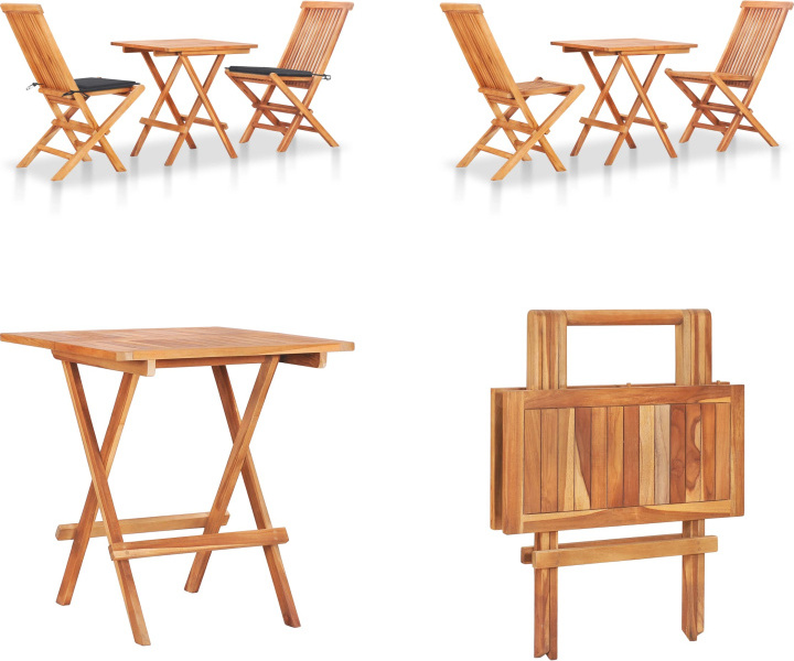 vidaXL 3 tlg. Bistroset mit Anthrazit Kissen Massivholz Teak - Bistroset - Bistrosets - Holz-Bistroset - Holz-Bistrosets HL3063225