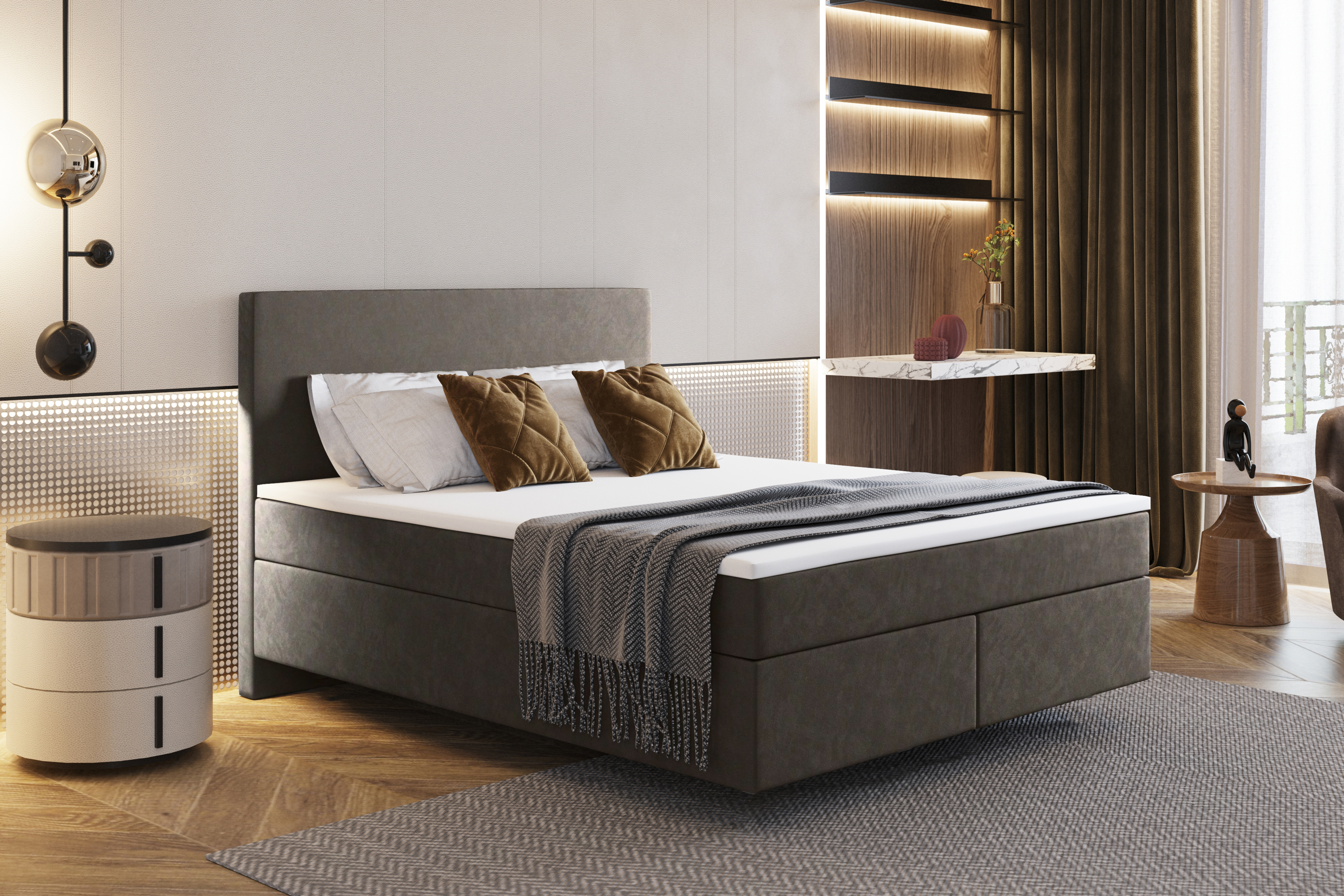 Skriňová posteľ Kaiser Möbel s dvoma matracmi a topperom SEVI látka Monolith Brown 180 cm x 200 cm