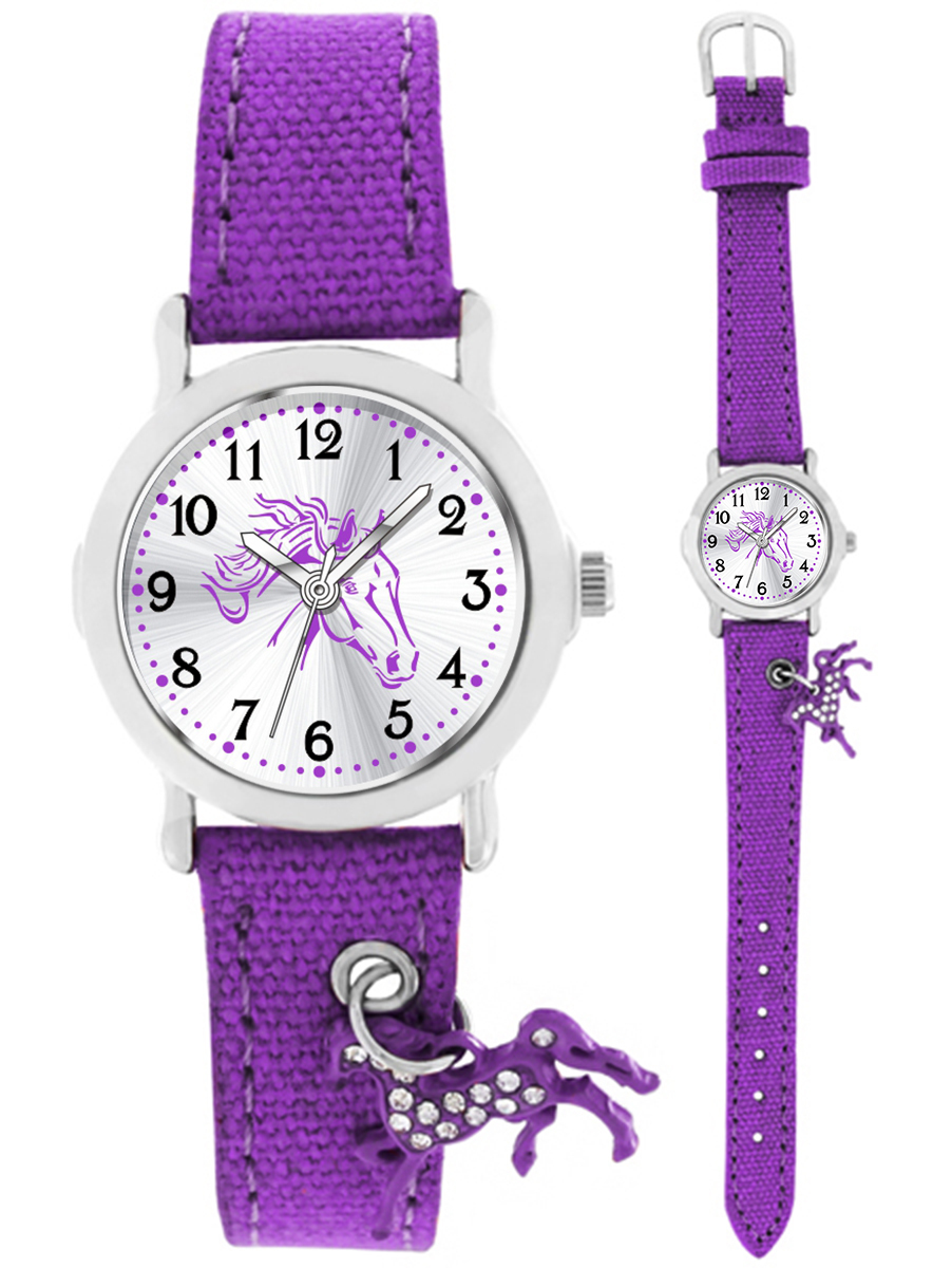 crystal blue Kinder Armbanduhr Mädchen mit Pferde Charm wasserdicht violett Textil 20016