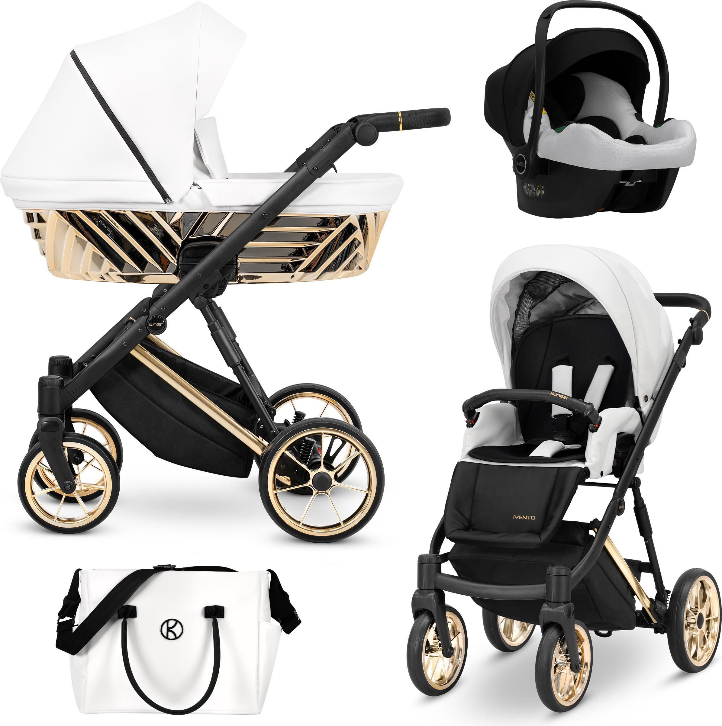 Kunert Kinderwagen IVENTO GLAM Sportwagen Babywagen Babyschale Komplettset Kinder Wagen Autositz Set 3 in 1 (White Pearl, Rahmenfarbe: Gold)