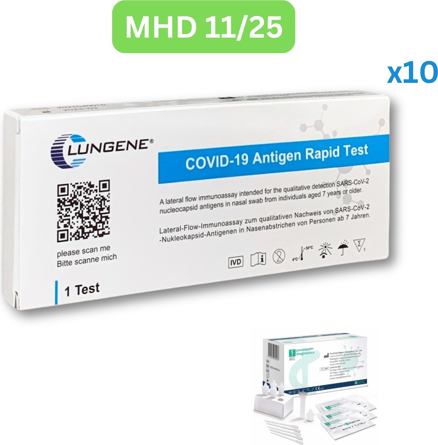 Clungene Covid-19 Corona Antigen Schnell-Selbsttest (Laientest) 10 Stück MHD 11/25 | Einzeltest | ID: 2099 | GRATIS parahealth Tests (5 Stück, MHD 12/25)