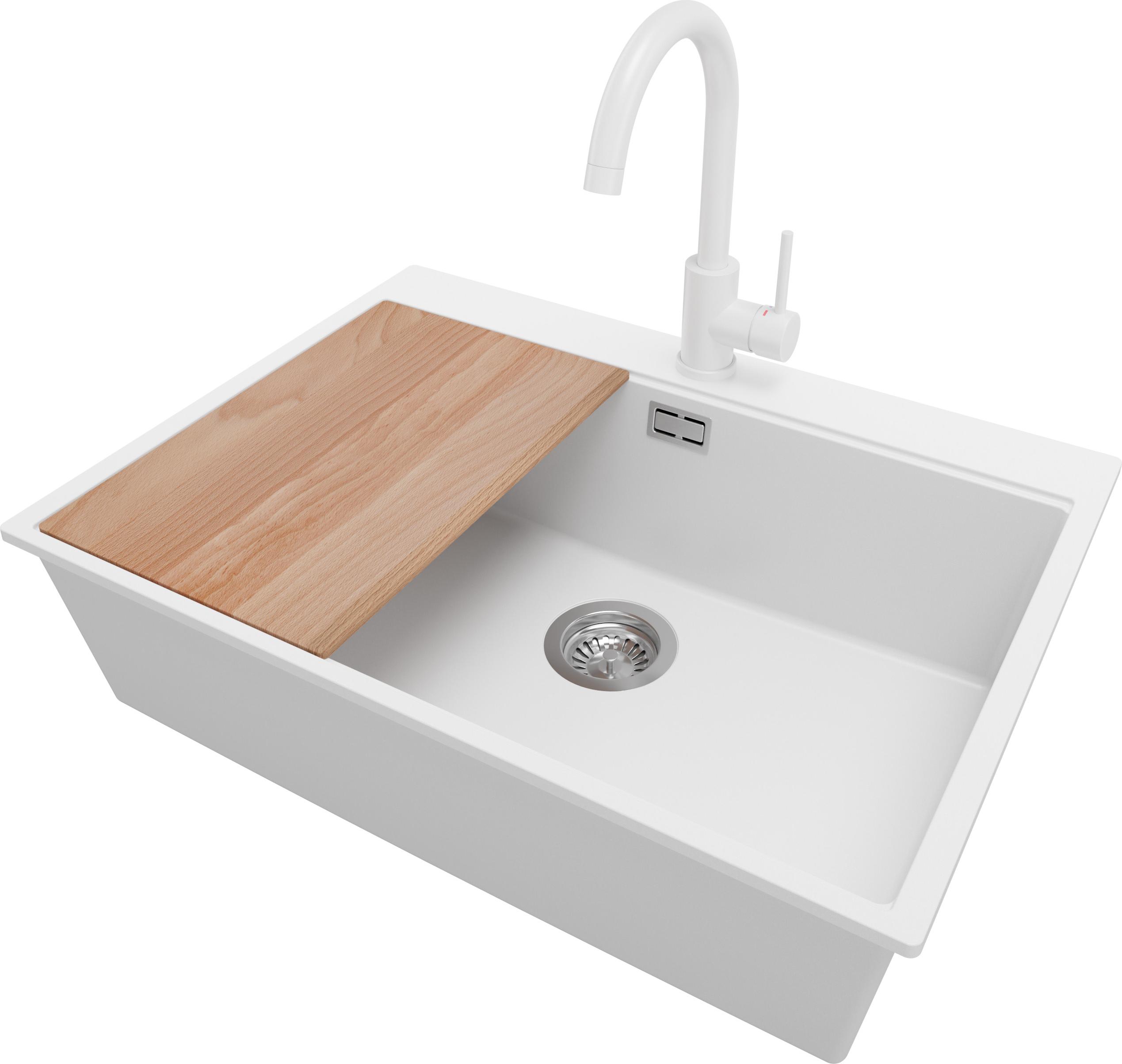 PRIMAGRAN Granitspüle Weiß 68x50cm, Spülbecken 1 Becken + Küchenarmatur 32x20cm + Ablauf-Set + Schneidebrett, Küchenspüle ab 70er Unterschrank - Oslo