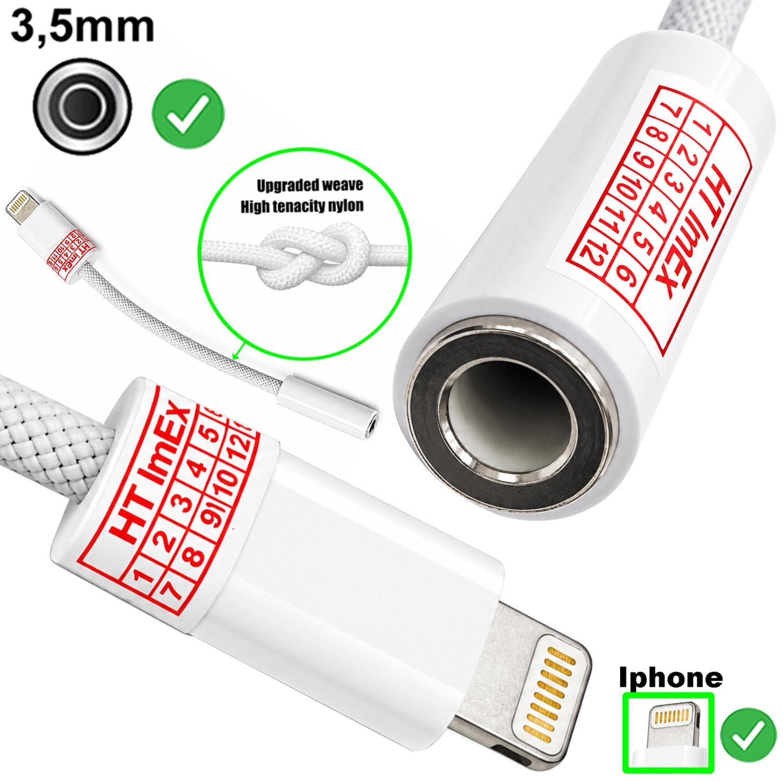 HT ImEx 8-Pin iPhone auf 3,5mm AUX Adapter Nylonkabel Weiß Telefonieren möglich
