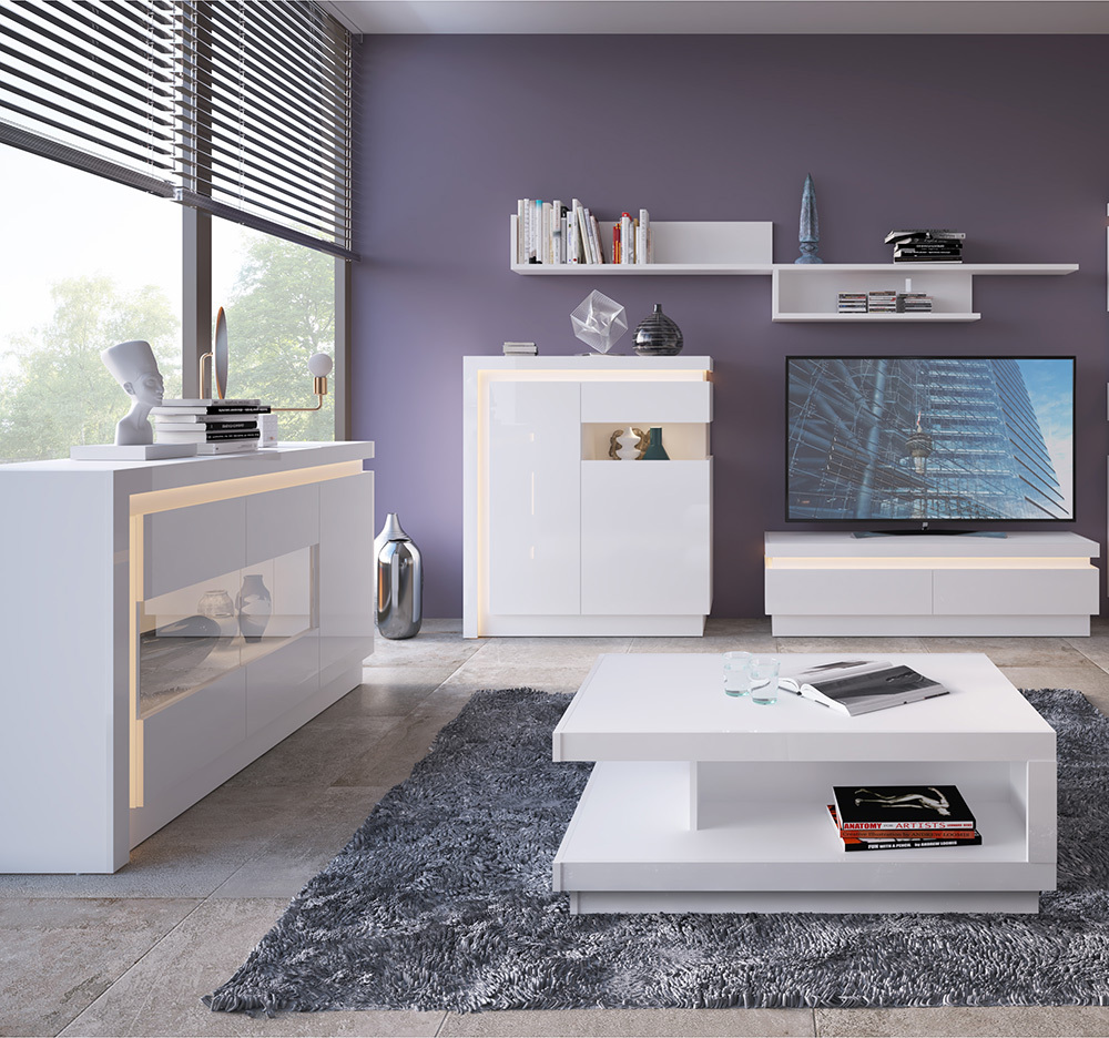 Lomadox Wohnmöbel Set weiß Hochglanz mit Beleuchtung LYNDHURST-129 LYNDHURST-129-SET59
