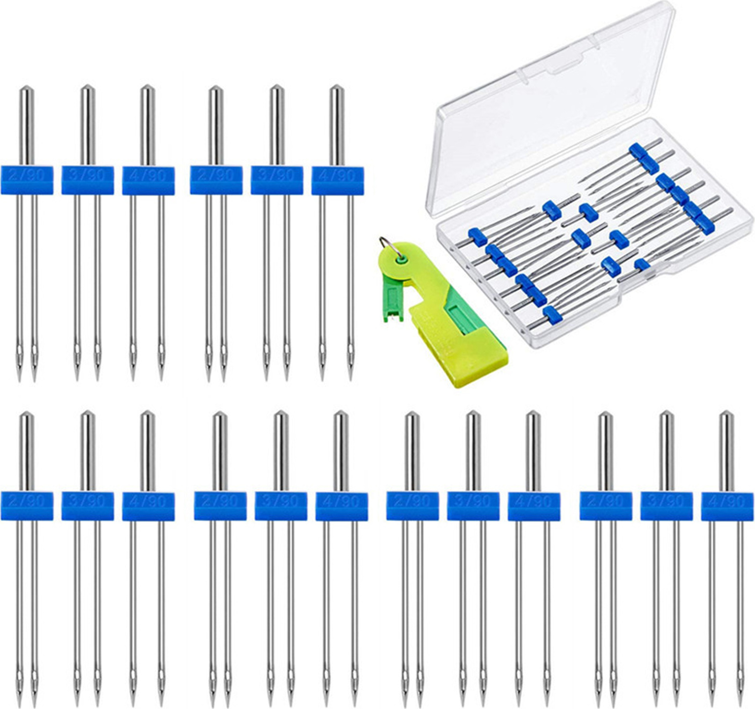 Gistuch Zwillingsnadel-Set, 18-teilig, mit Box & Einfädler, für Haushaltsnähmaschinen, Zierstiche