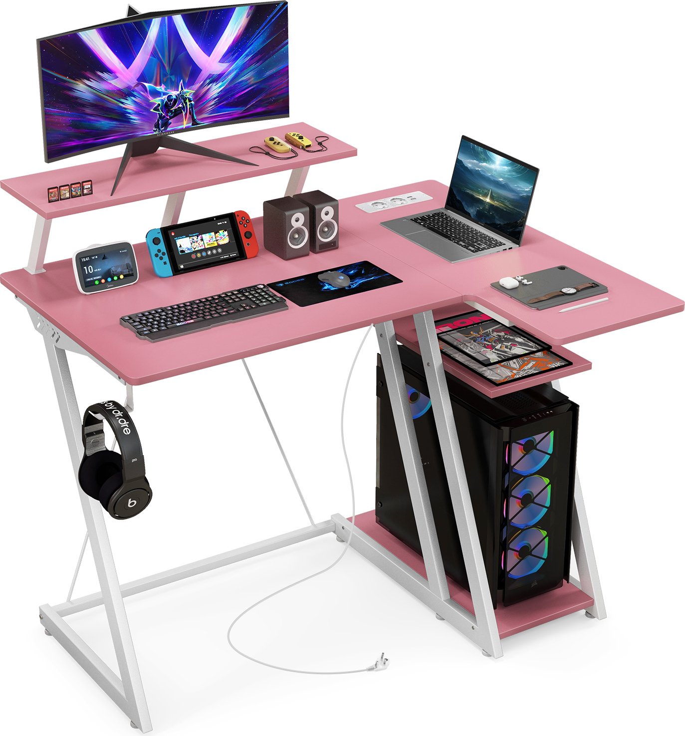 Stôl COSTWAY s elektrickými zásuvkami, portami USB, háčikmi na slúchadlá, stojanom na monitor a procesor, malý počítačový stôl, 107x45x93cm