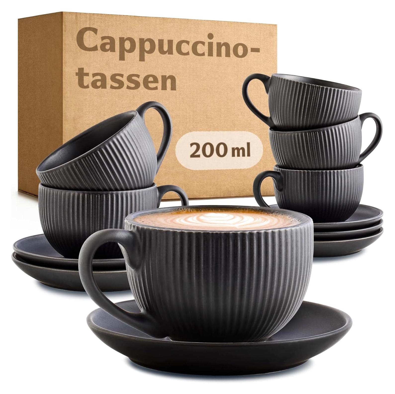 Cosumy Cappuccinotassen Schwarz mit Untertassen