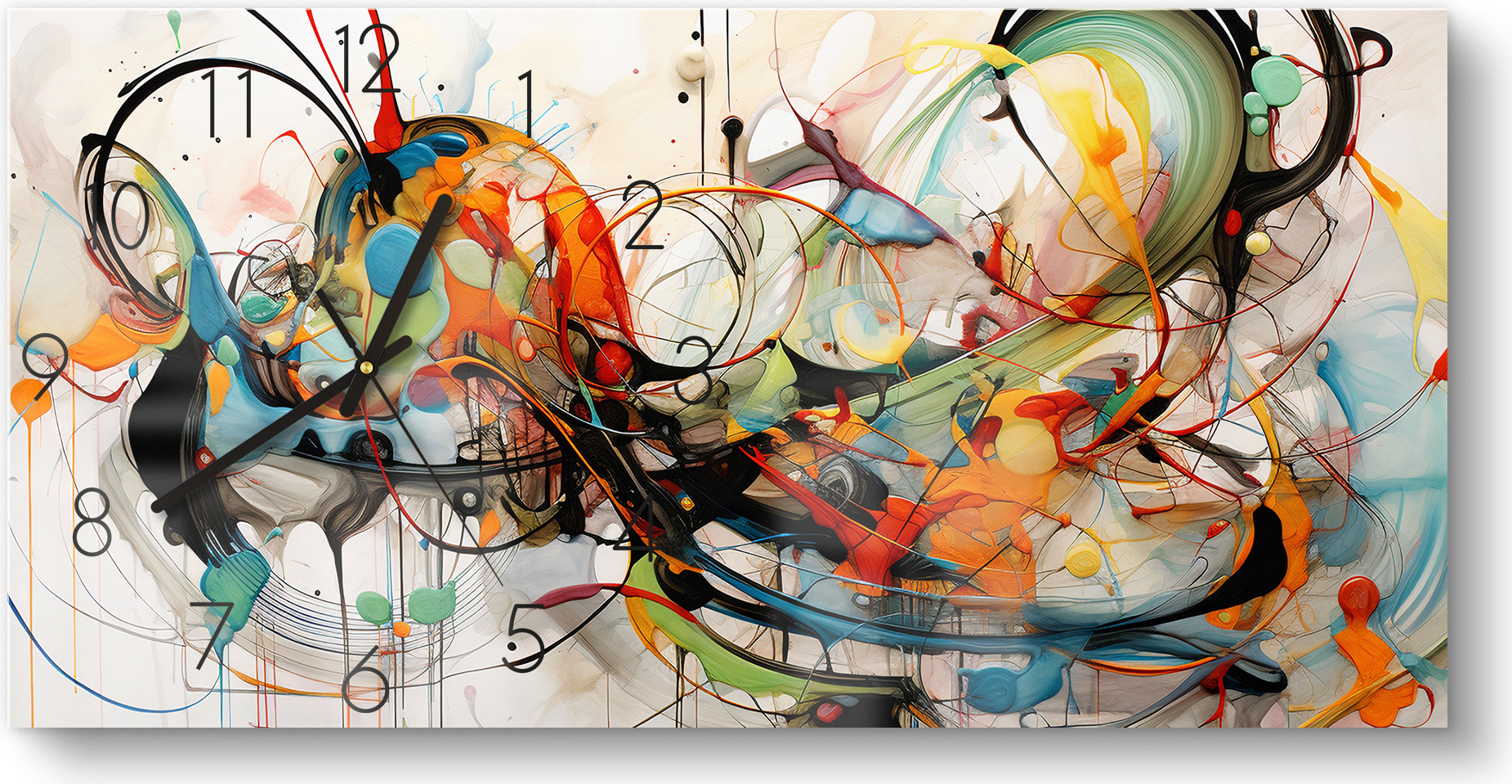 DEQORI DEQOART Glasuhr 60x30 cm Zahlen 'Farbvolle Wirbel' Wanduhr Glas Uhr Design leise Küchenuhr WC-60-30-N-3733