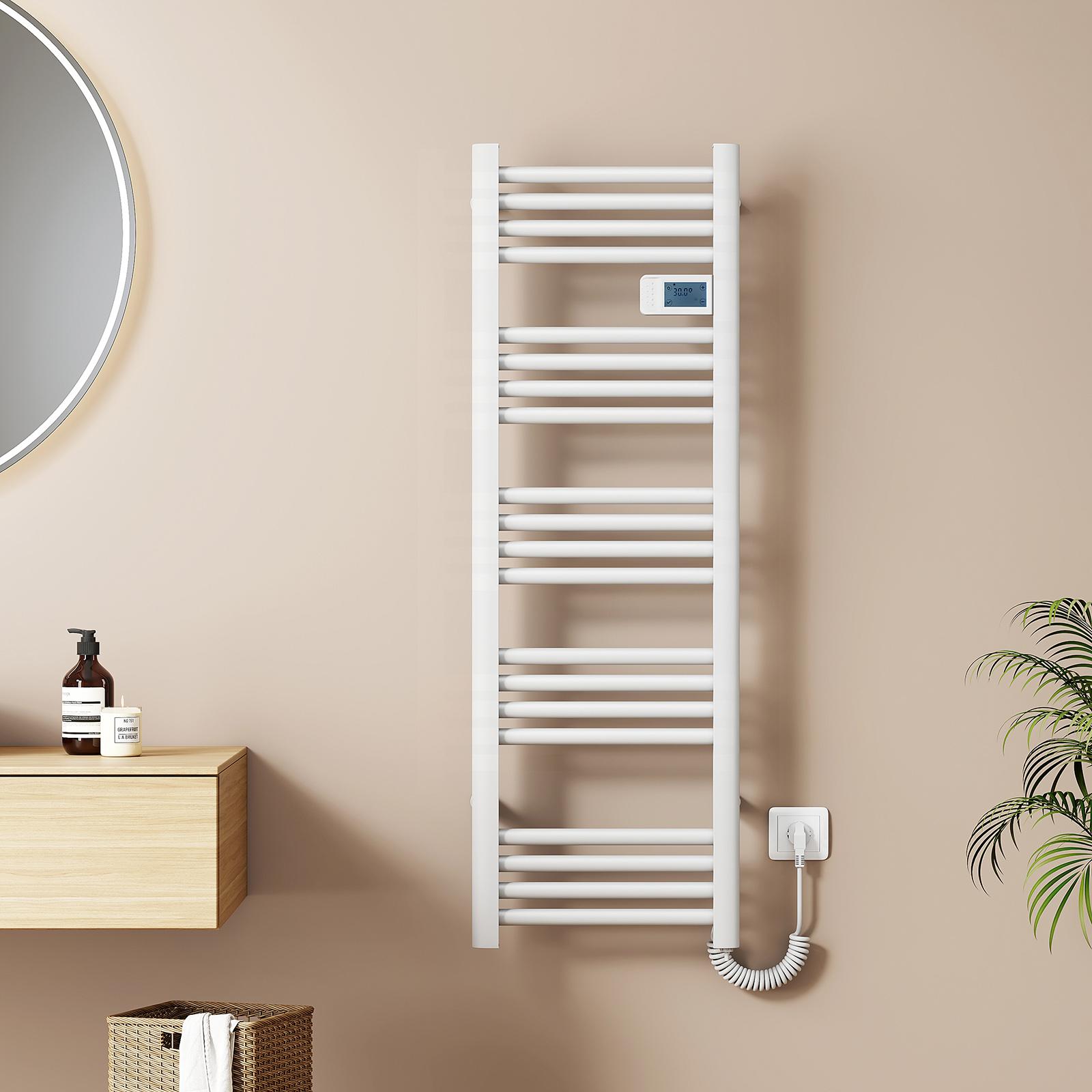 EMKE Elektrický radiátor na uteráky 1200 × 400 mm, 450 W Biely kúpeľňový radiátor s dotykovým časovačom, týždenným programom Sušič uterákov a ohrievač uterákov