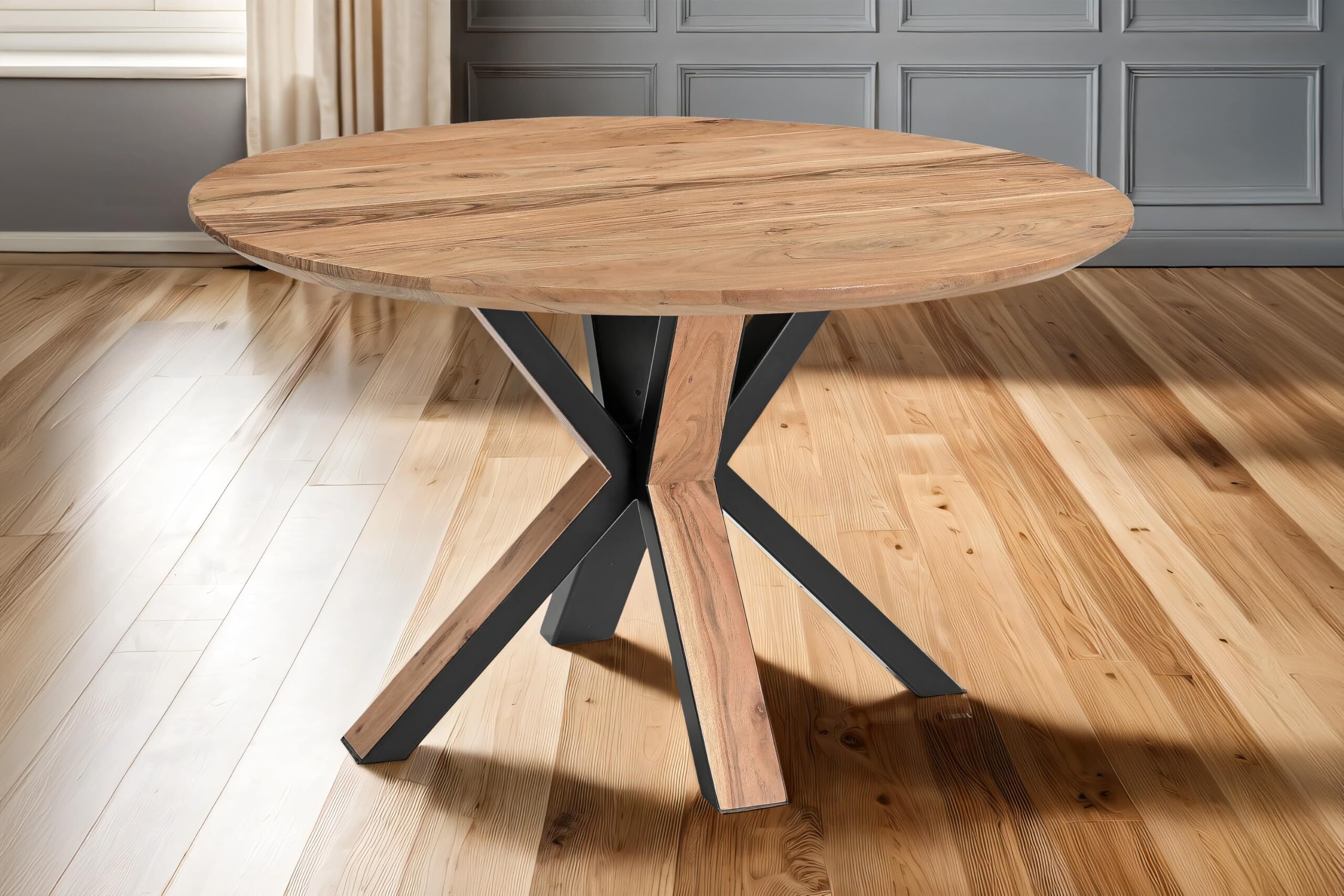 Runder Esstisch 120 cm Kimberly, Akazienholz naturfarben + massiv, Esszimmertisch mit Schweizer Kante, Spider-Gestell Metall Schwarz/Holz außen, pflegeleichter Holztisch